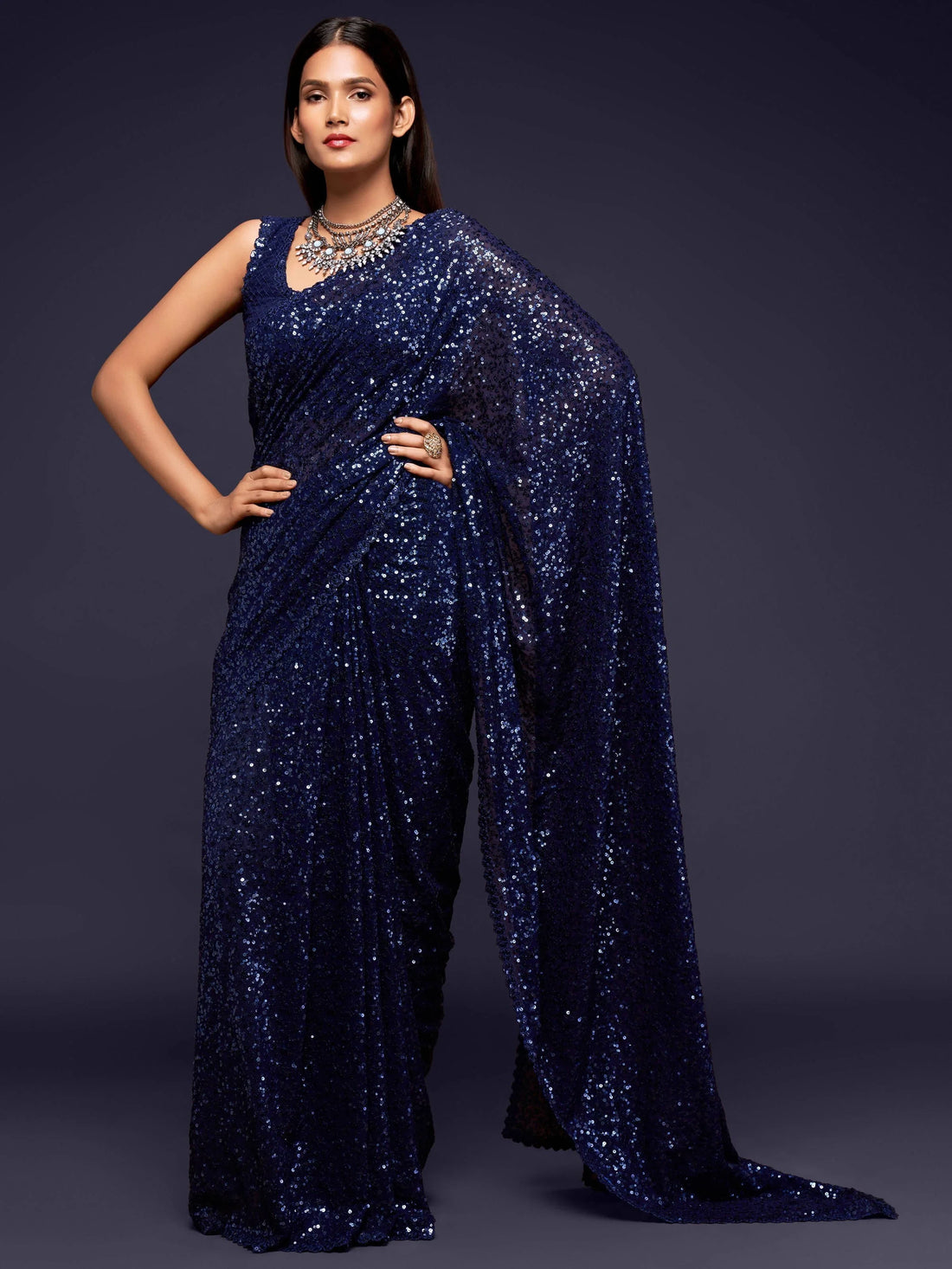 Pretty Blush Blue Sequined Georgette Party Wear Saree - Zeel Clothing