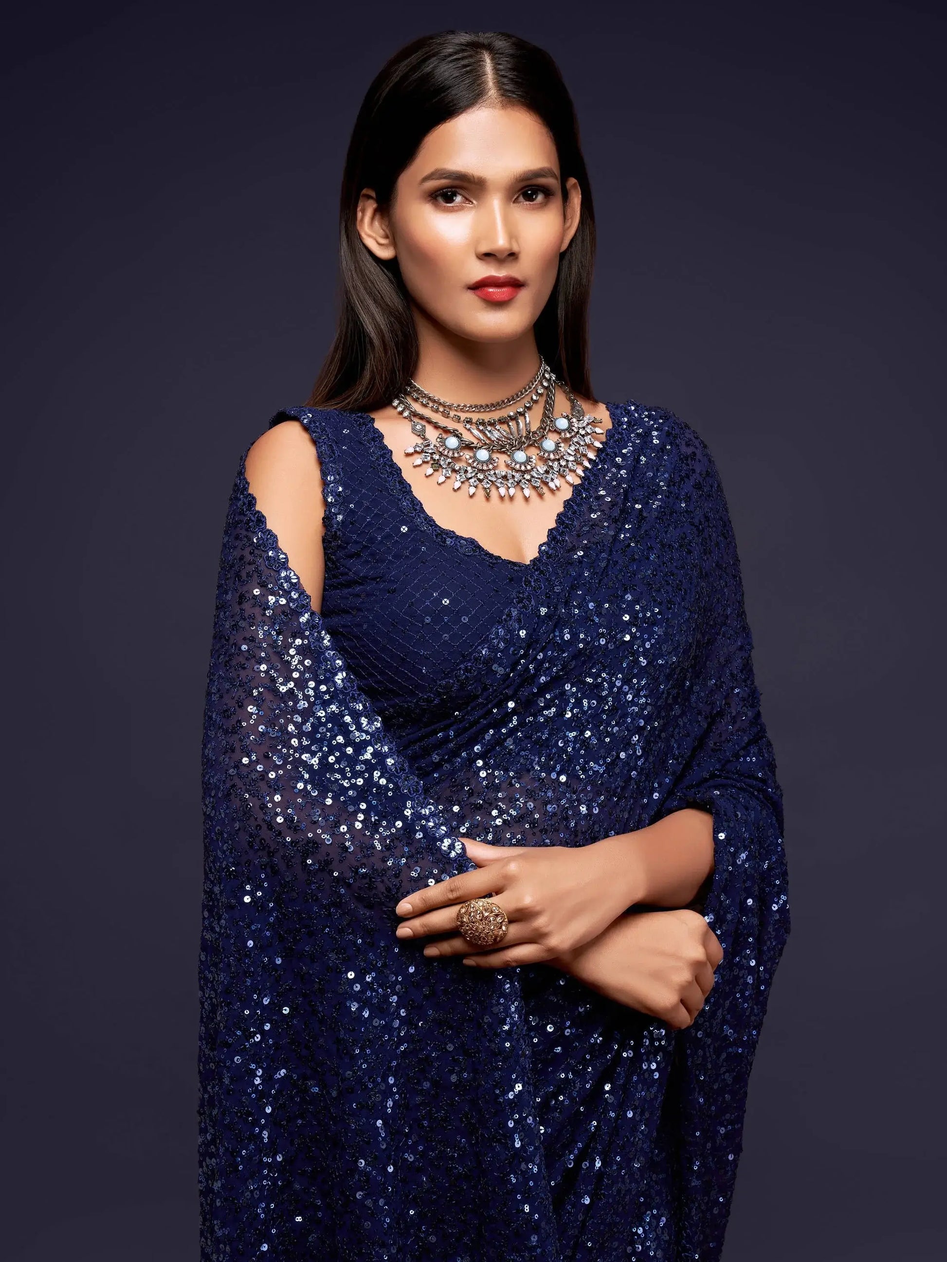 Pretty Blush Blue Sequined Georgette Party Wear Saree - Zeel Clothing