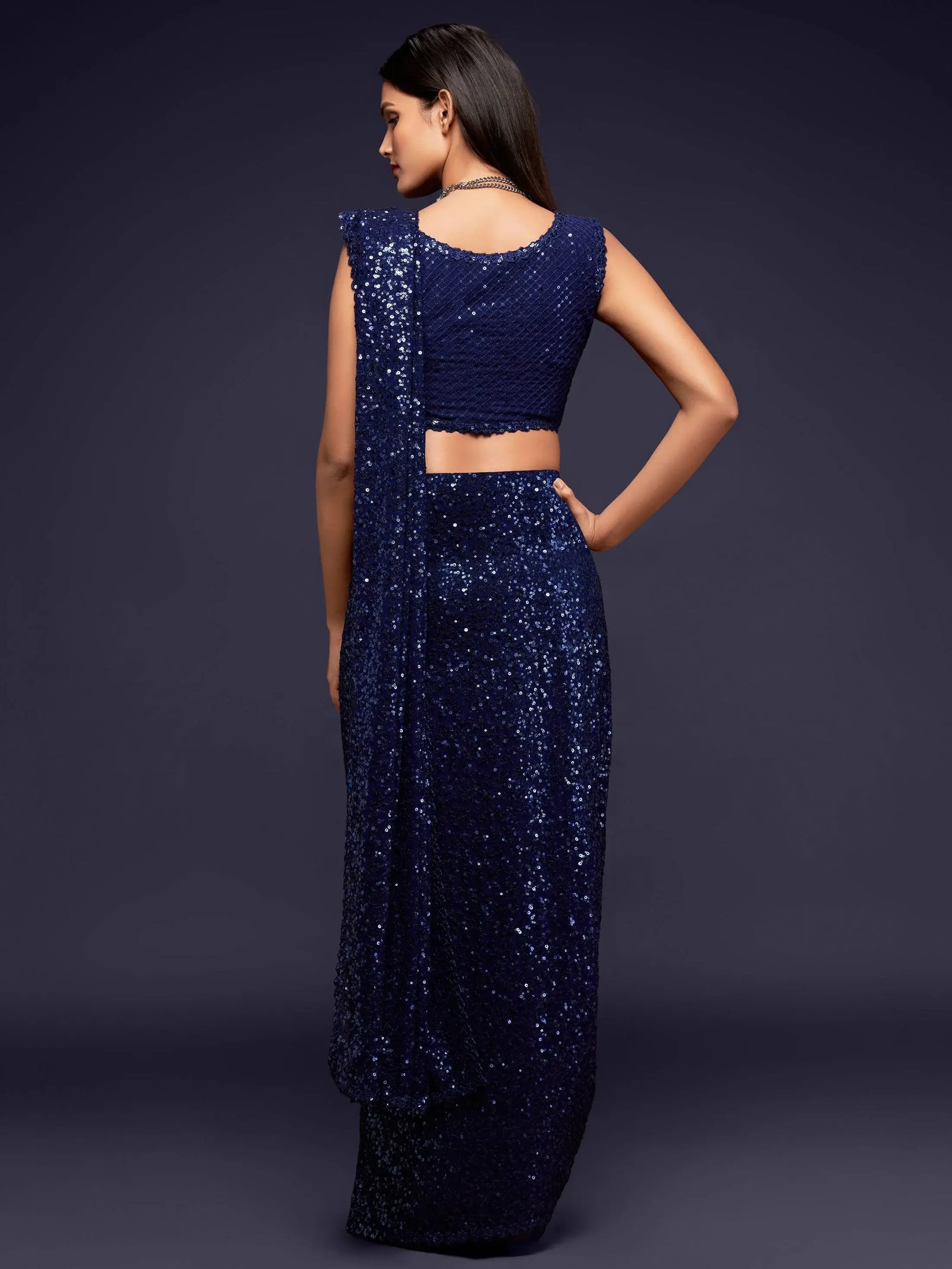 Pretty Blush Blue Sequined Georgette Party Wear Saree - Zeel Clothing