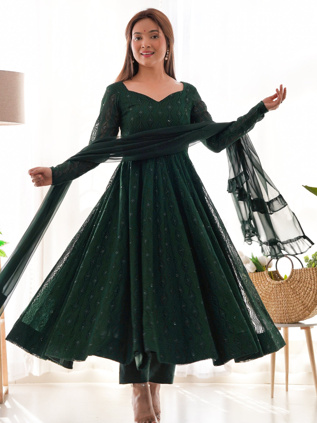 Pretty Bottle Green Lucknowi Work Georgette Mehendi Wear Anarkali Suit With Dupatta - Zeel Clothing