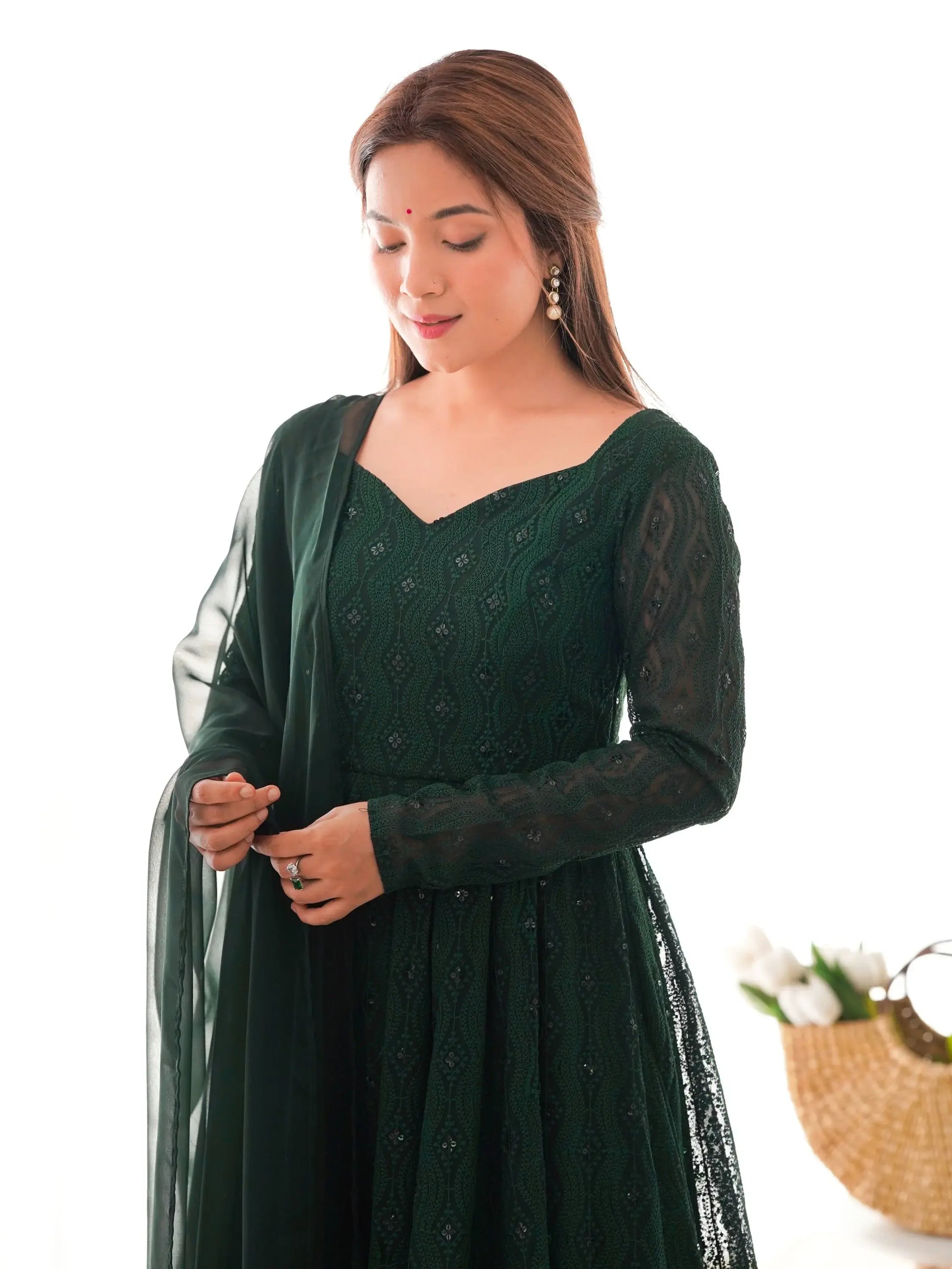 Pretty Bottle Green Lucknowi Work Georgette Mehendi Wear Anarkali Suit With Dupatta - Zeel Clothing