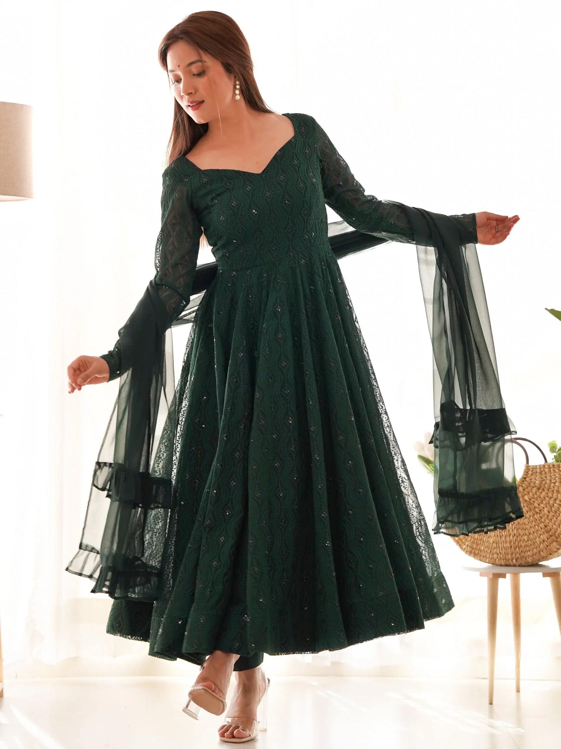 Pretty Bottle Green Lucknowi Work Georgette Mehendi Wear Anarkali Suit With Dupatta - Zeel Clothing