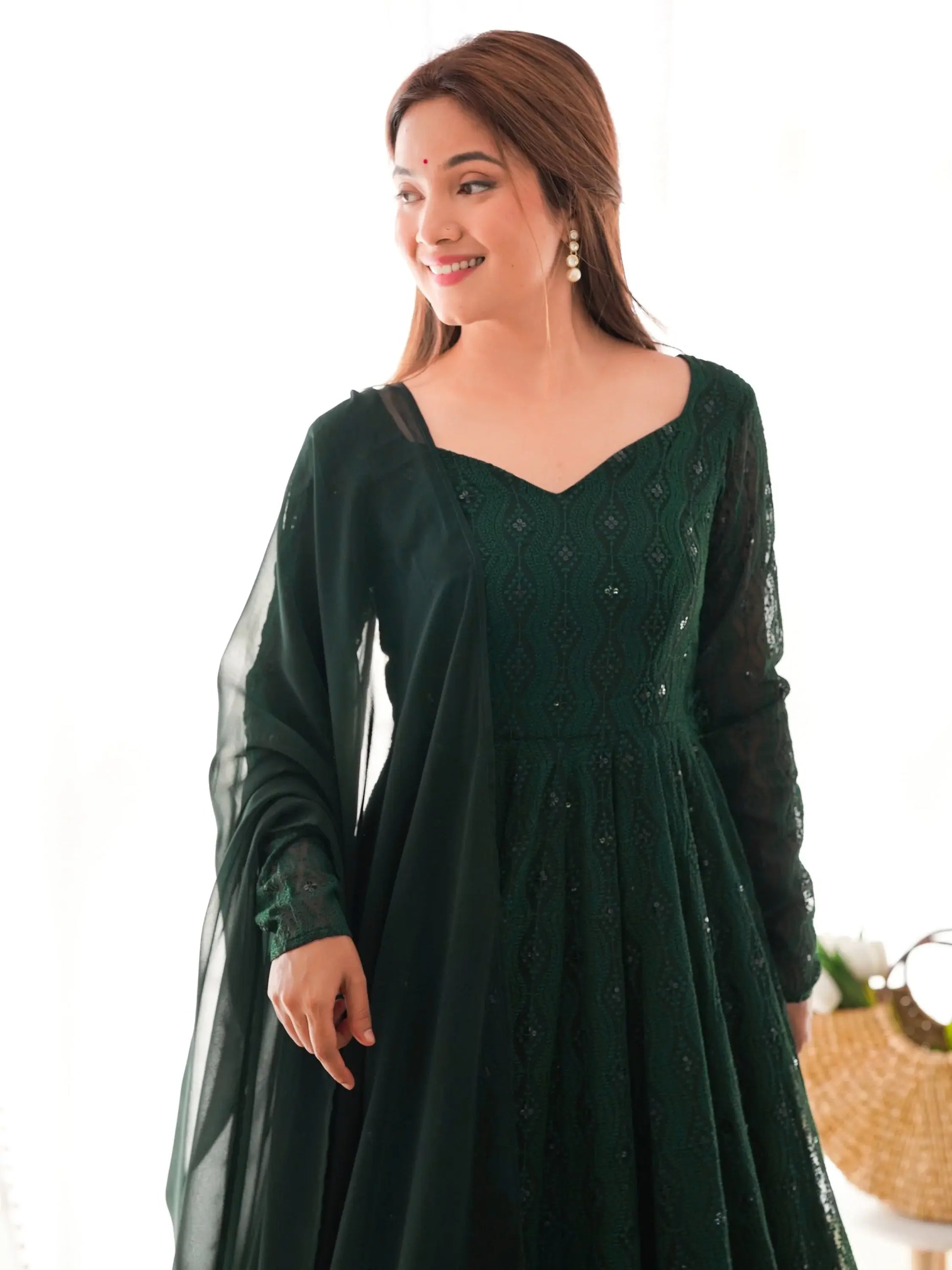 Pretty Bottle Green Lucknowi Work Georgette Mehendi Wear Anarkali Suit With Dupatta - Zeel Clothing
