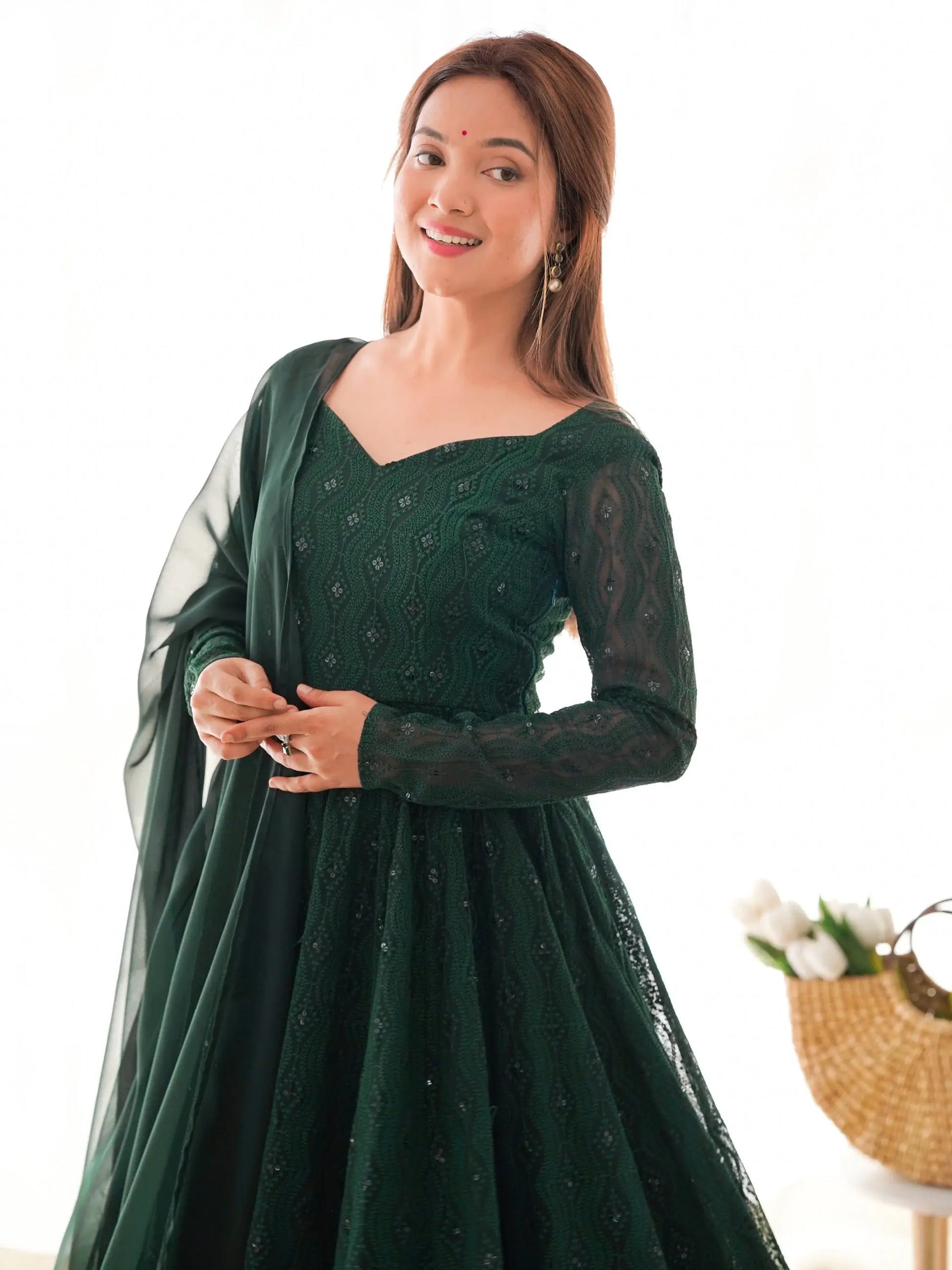 Pretty Bottle Green Lucknowi Work Georgette Mehendi Wear Anarkali Suit With Dupatta - Zeel Clothing