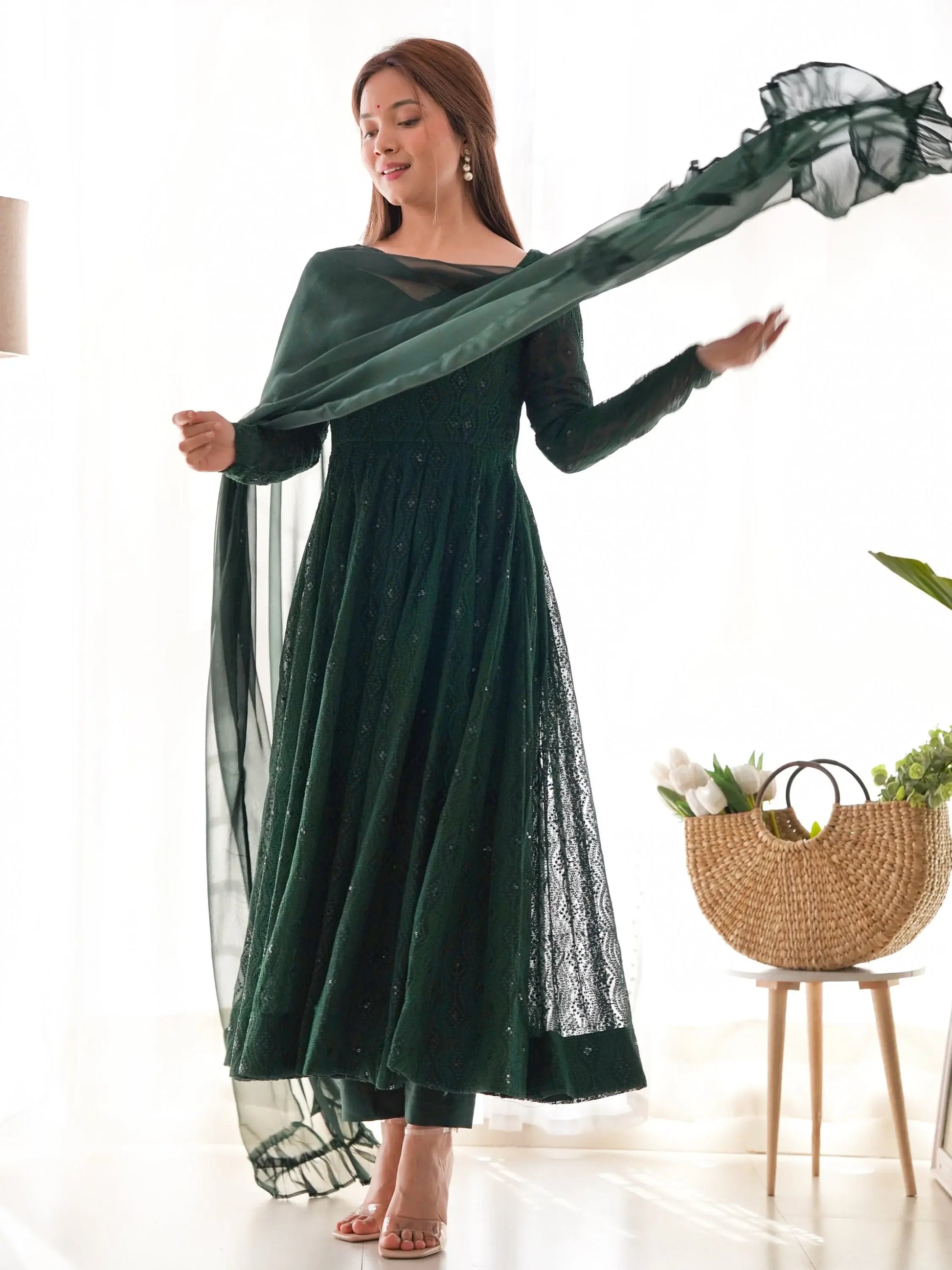 Pretty Bottle Green Lucknowi Work Georgette Mehendi Wear Anarkali Suit With Dupatta - Zeel Clothing