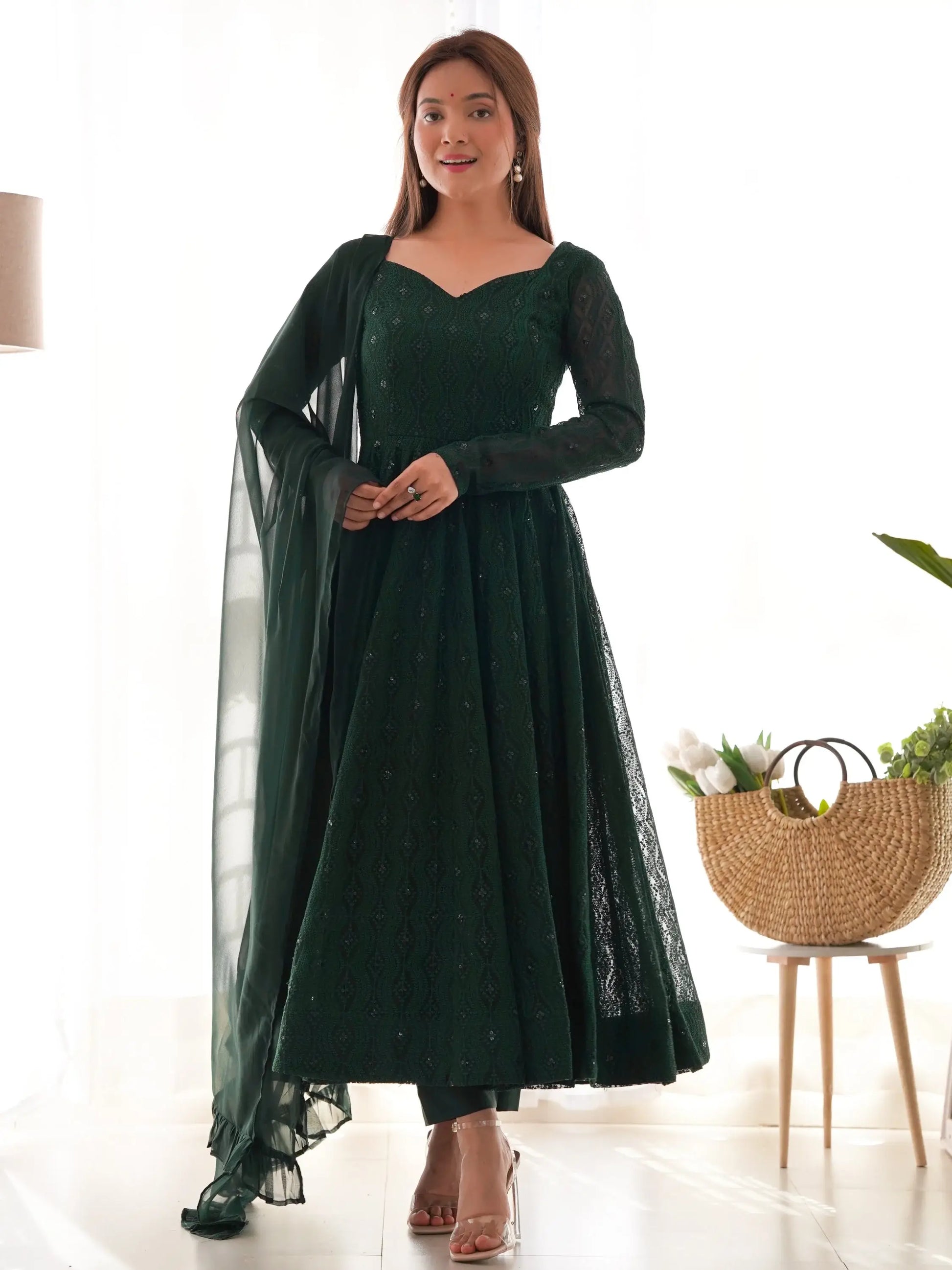 Pretty Bottle Green Lucknowi Work Georgette Mehendi Wear Anarkali Suit With Dupatta - Zeel Clothing