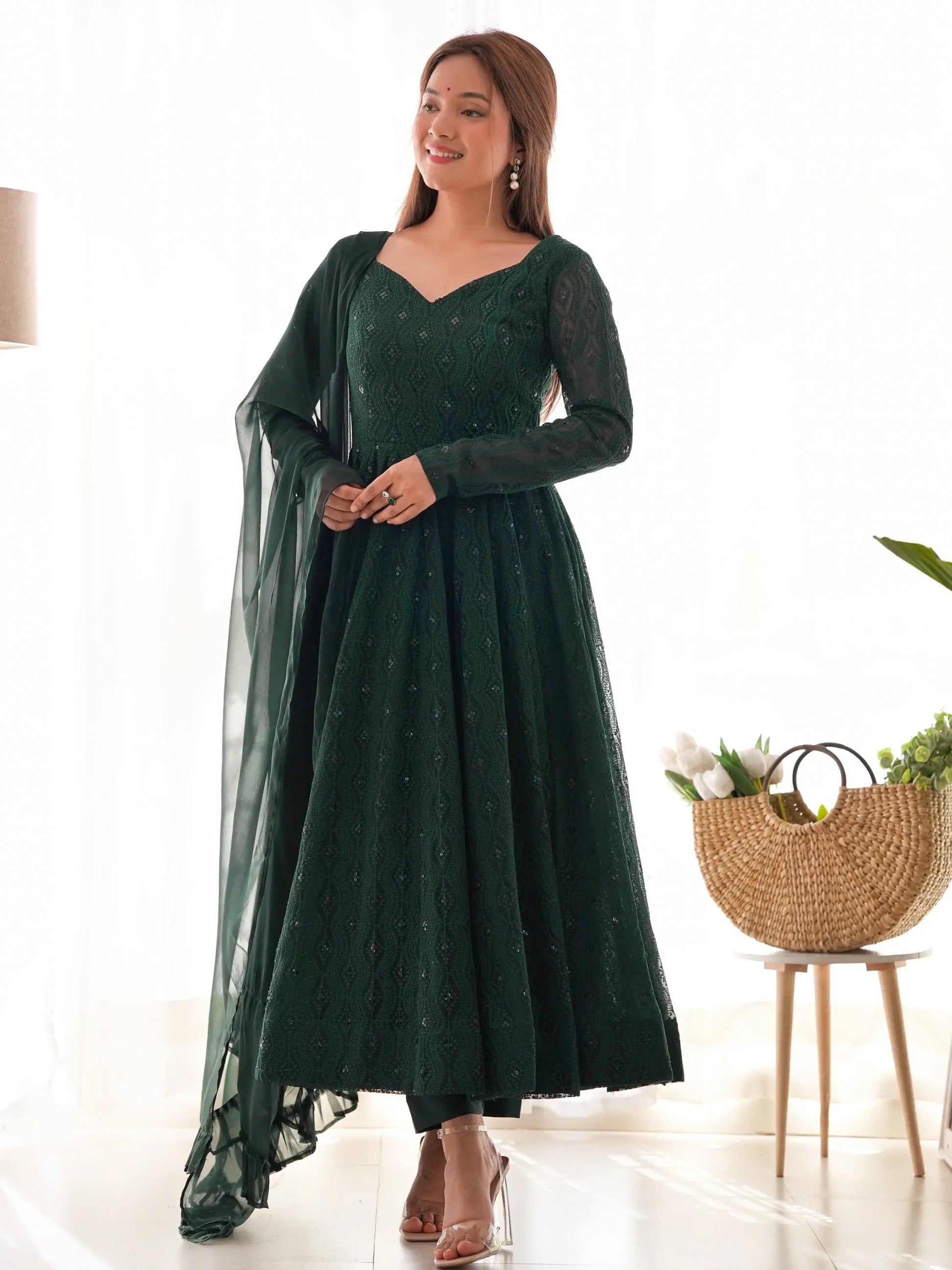 Pretty Bottle Green Lucknowi Work Georgette Mehendi Wear Anarkali Suit With Dupatta - Zeel Clothing