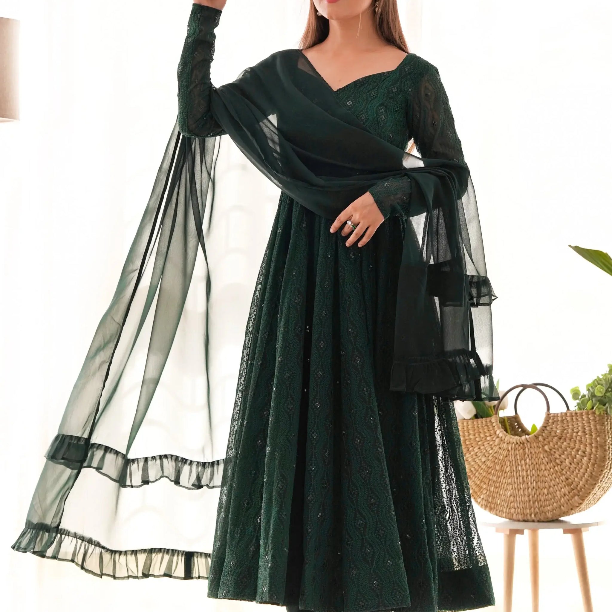 Pretty Bottle Green Lucknowi Work Georgette Mehendi Wear Anarkali Suit With Dupatta - Zeel Clothing