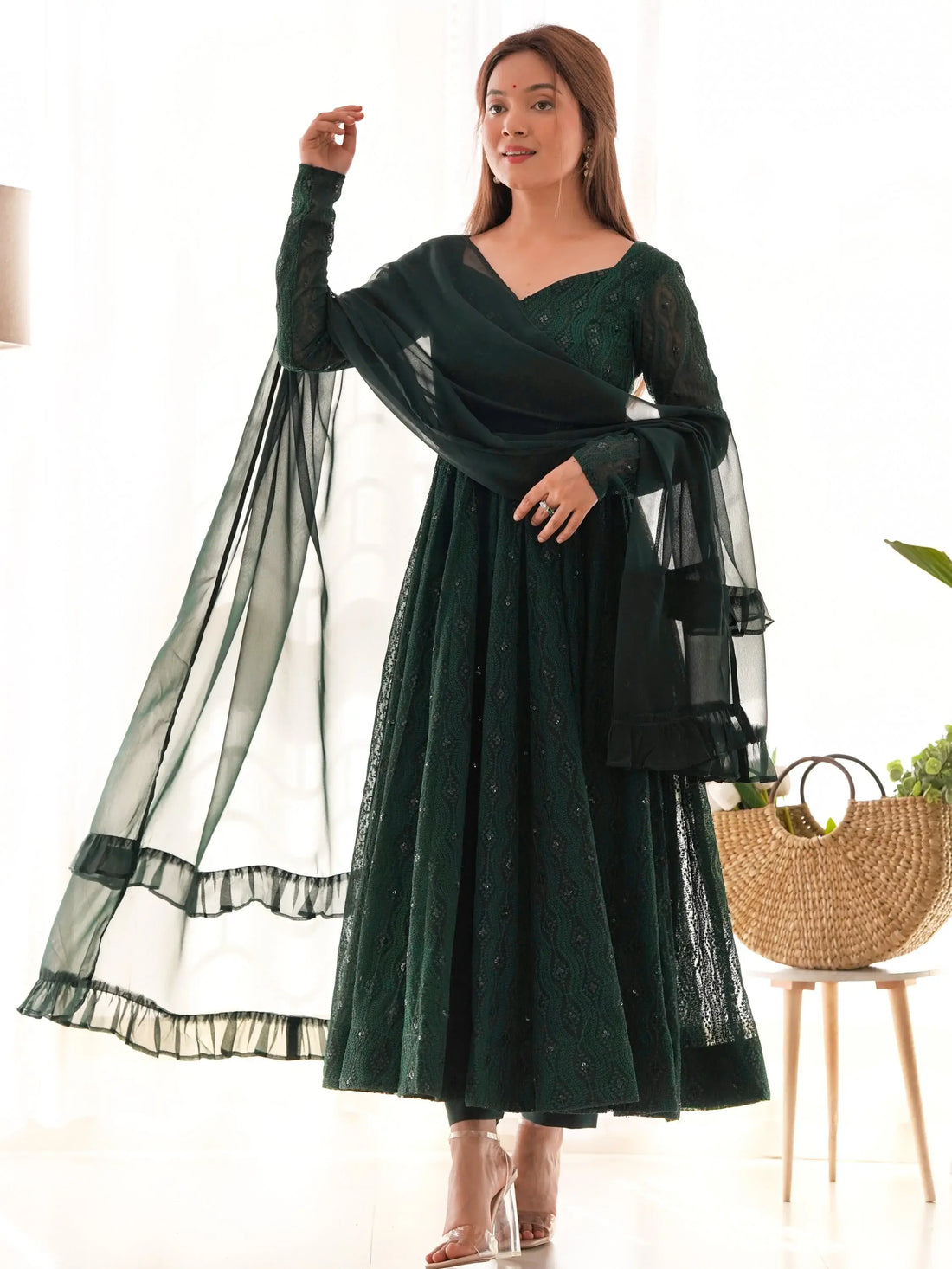 Pretty Bottle Green Lucknowi Work Georgette Mehendi Wear Anarkali Suit With Dupatta - Zeel Clothing