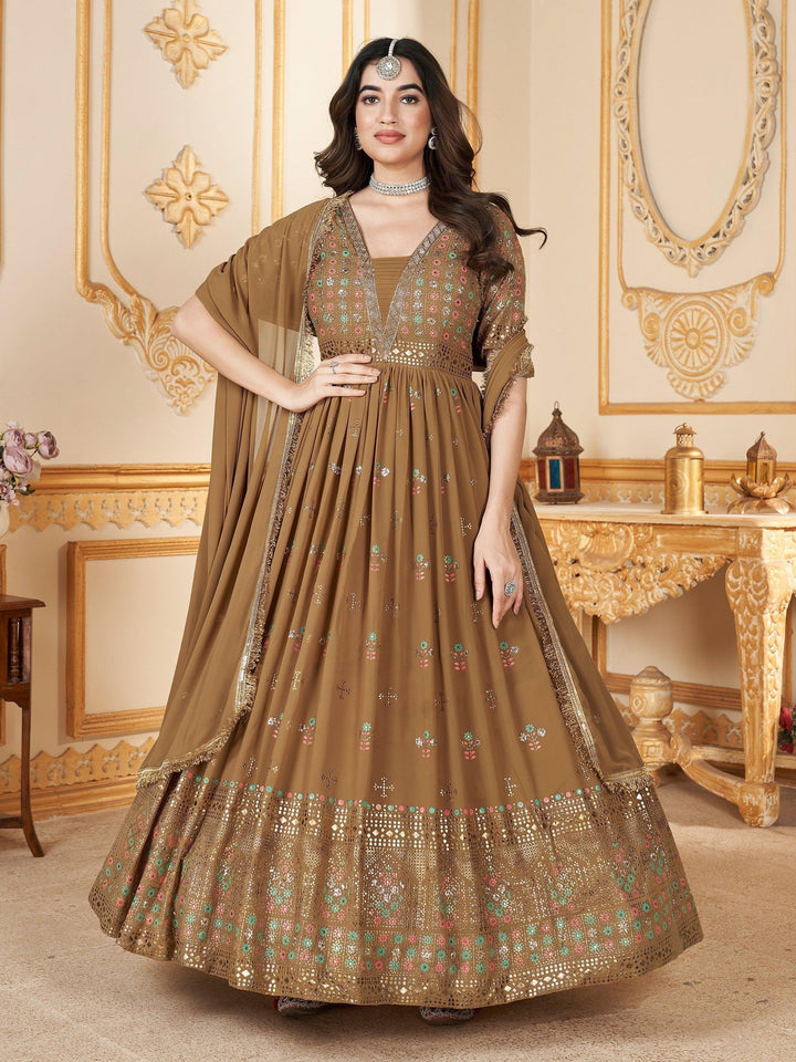 Pretty Brown Foil Work Georgette Sangeet Wear Gown With Dupatta