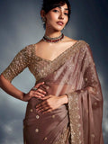 Pretty Dusky Brown Cutdana Embroidery Organza Bridesmaid Saree With Blouse - Zeel Clothing