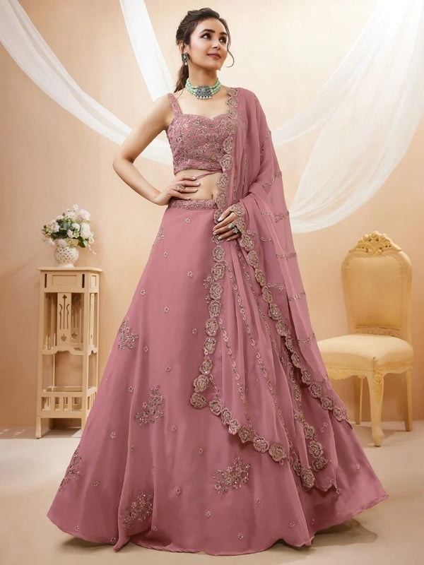 Pretty Dusty Pink Sequins Georgette Lehenga Choli With Dupatta