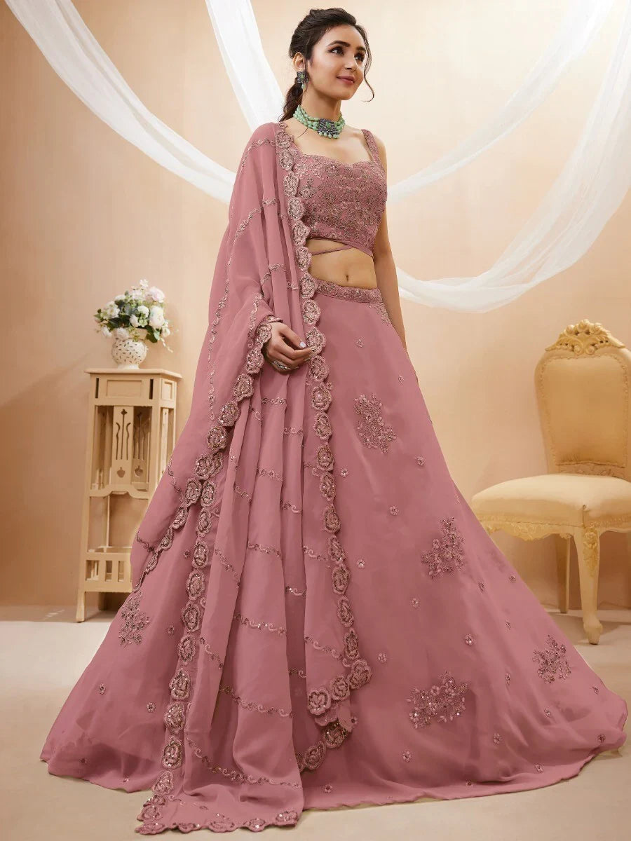 Pretty Dusty Pink Sequins Georgette Lehenga Choli With Dupatta