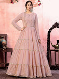 Elegant pink anarkali gown with gold embroidery and sequin detailing for women's fashion