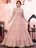 Pink tiered anarkali dress with gold embroidery and sequins, elegant women's fashion