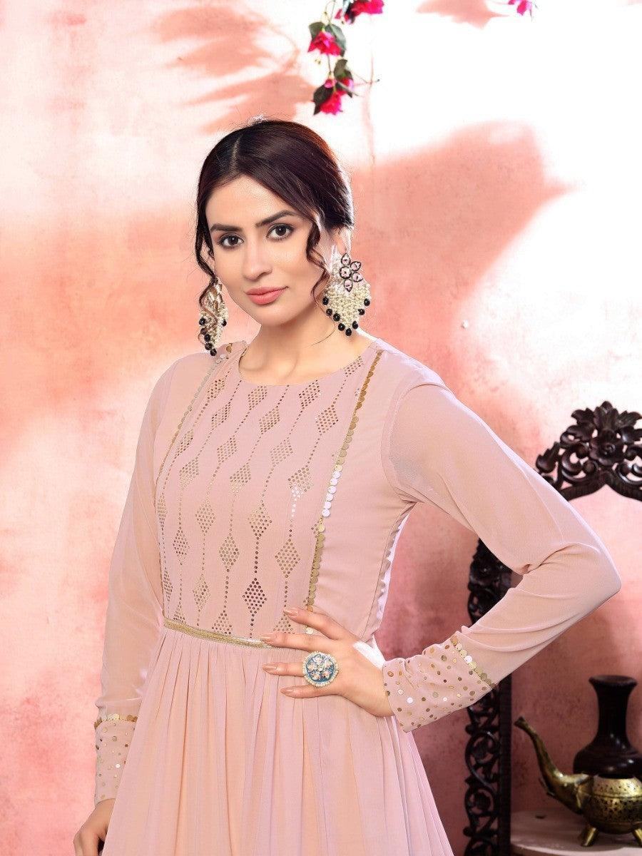 Elegant pink women's dress with gold embroidery and sequins, perfect for festive occasions