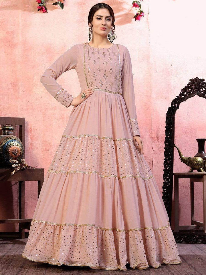 Pretty Dusty Pink Sequins Georgette Party Wear Anarkali Gown - Zeel Clothing
