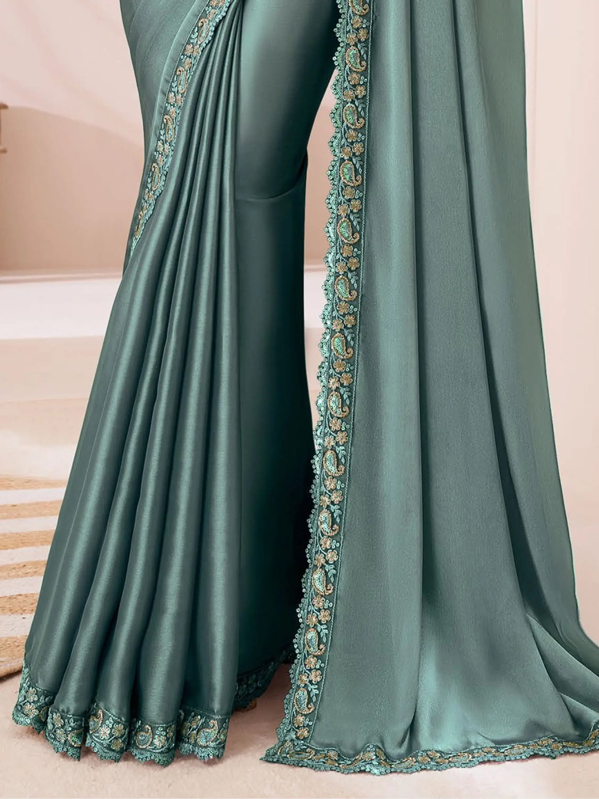 Pretty Dusty Sea Green Embroidered Georgette Party Wear Saree - Zeel Clothing