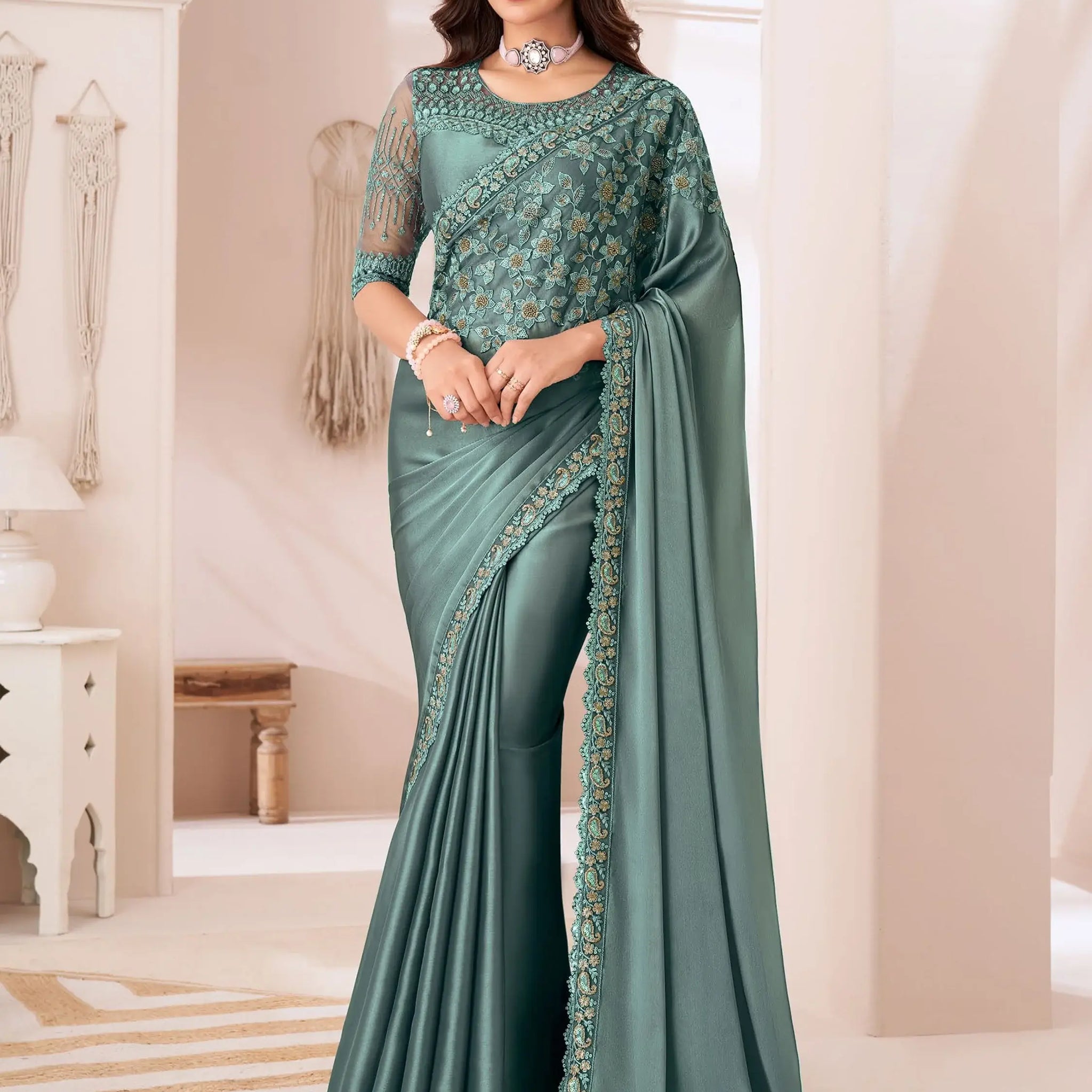 Pretty Dusty Sea Green Embroidered Georgette Party Wear Saree - Zeel Clothing
