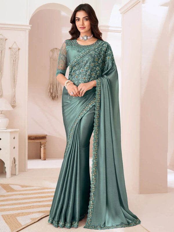 Pretty Dusty Sea Green Embroidered Georgette Party Wear Saree - Zeel Clothing
