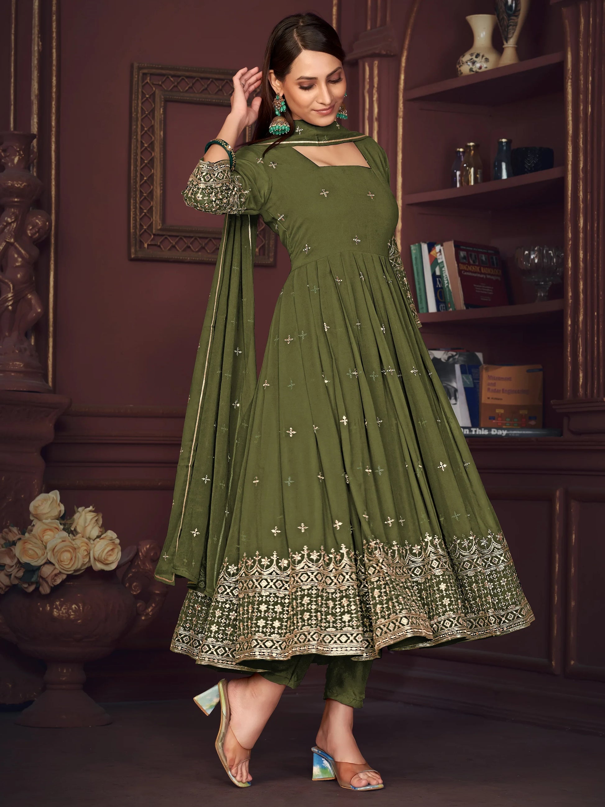 Pretty Green Embroidered Georgette Anarkali Suit With Dupatta - Zeel Clothing