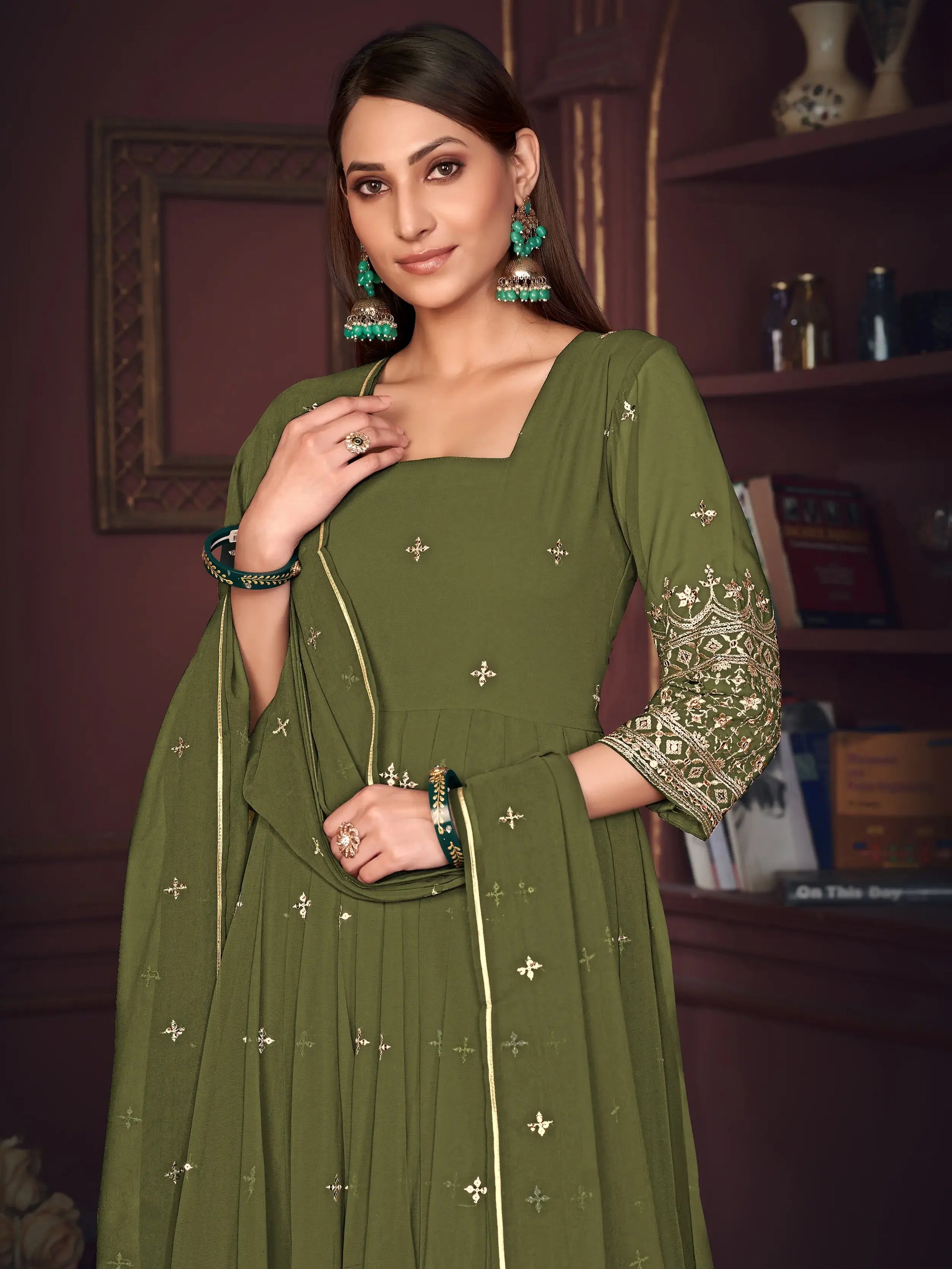 Pretty Green Embroidered Georgette Anarkali Suit With Dupatta - Zeel Clothing