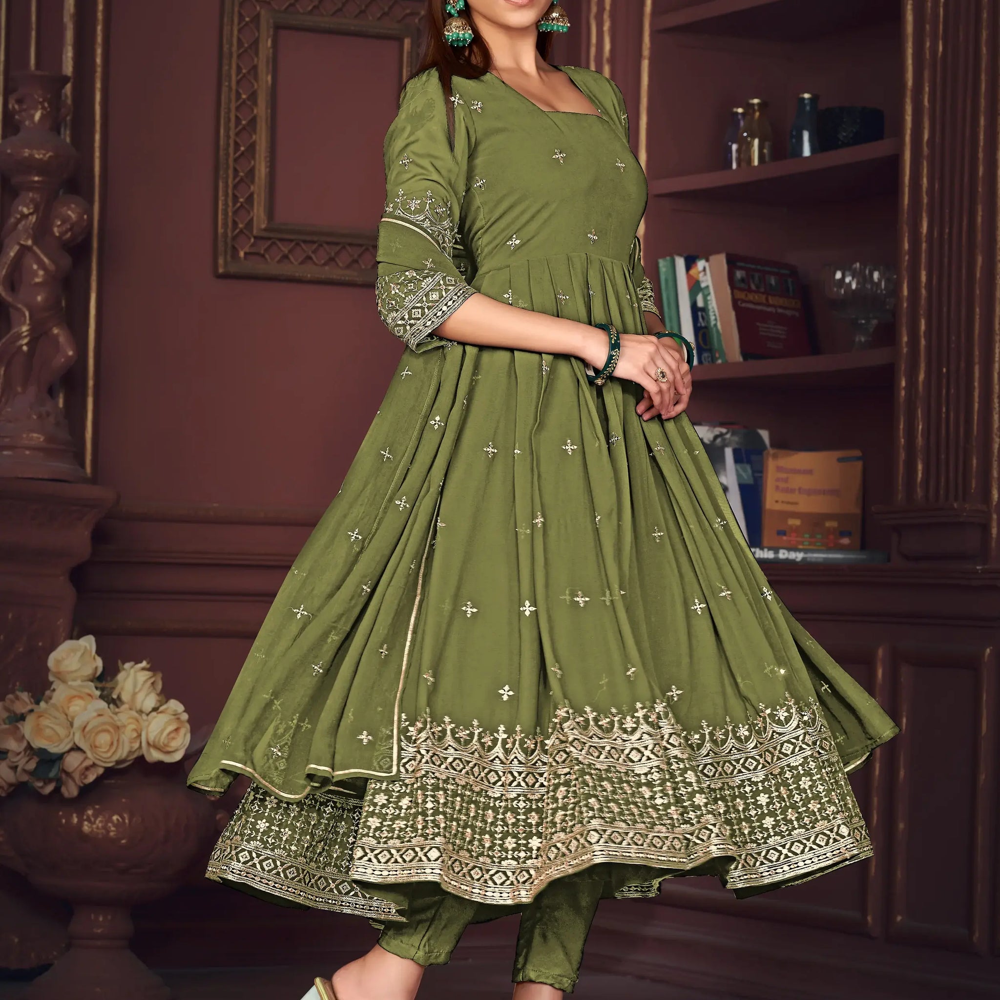 Pretty Green Embroidered Georgette Anarkali Suit With Dupatta - Zeel Clothing