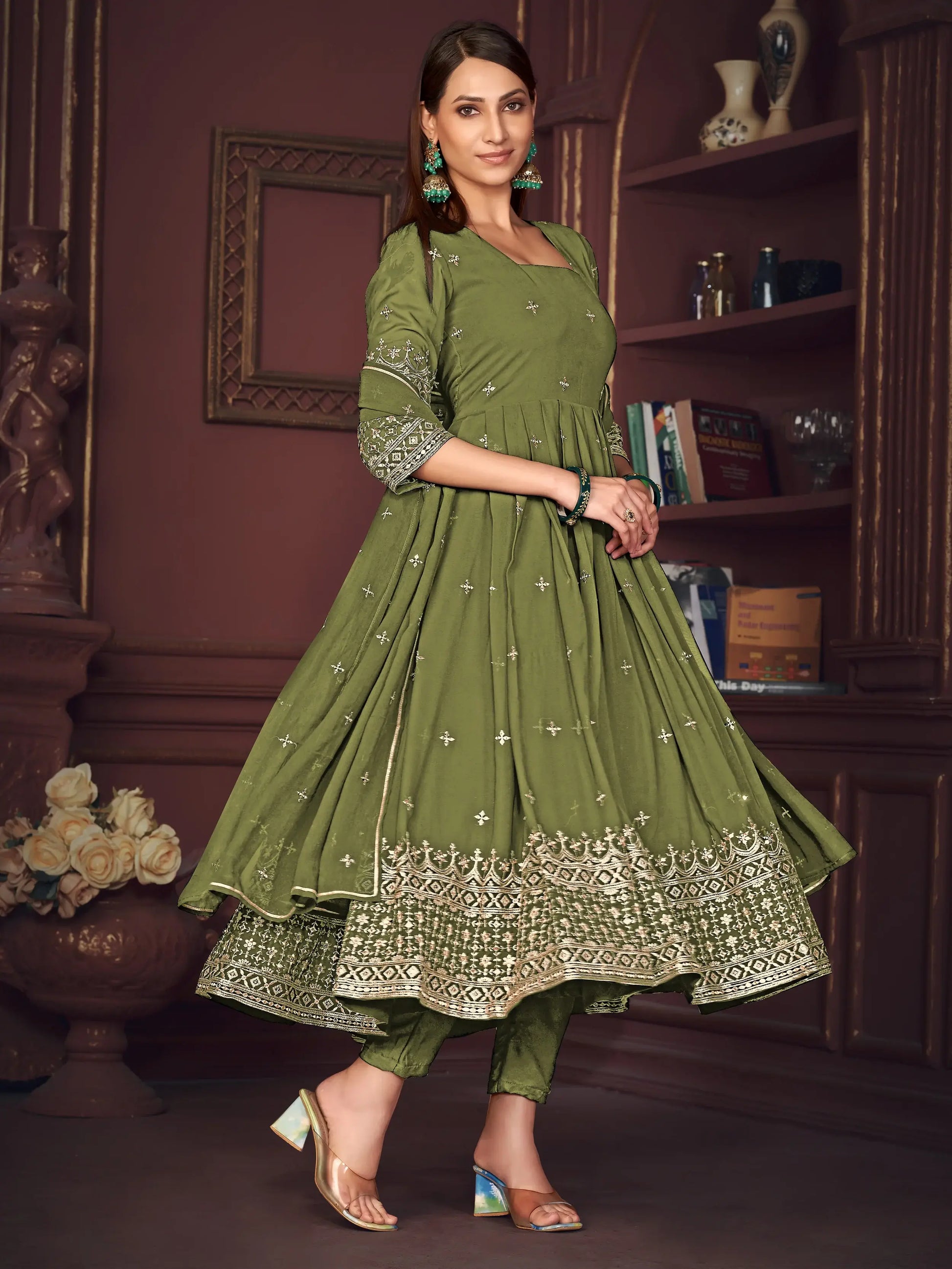 Pretty Green Embroidered Georgette Anarkali Suit With Dupatta - Zeel Clothing