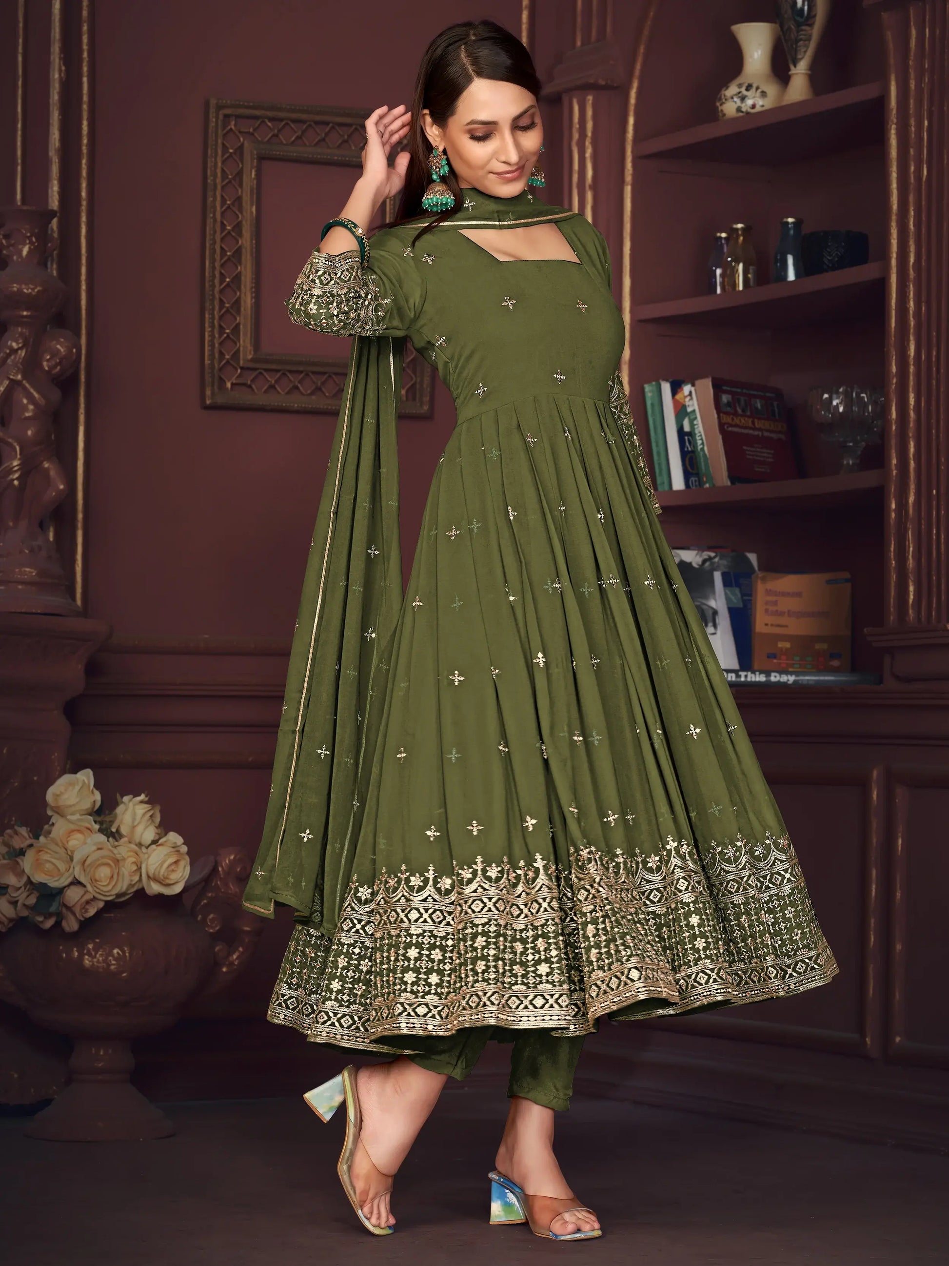 Pretty Green Embroidered Georgette Anarkali Suit With Dupatta - Zeel Clothing