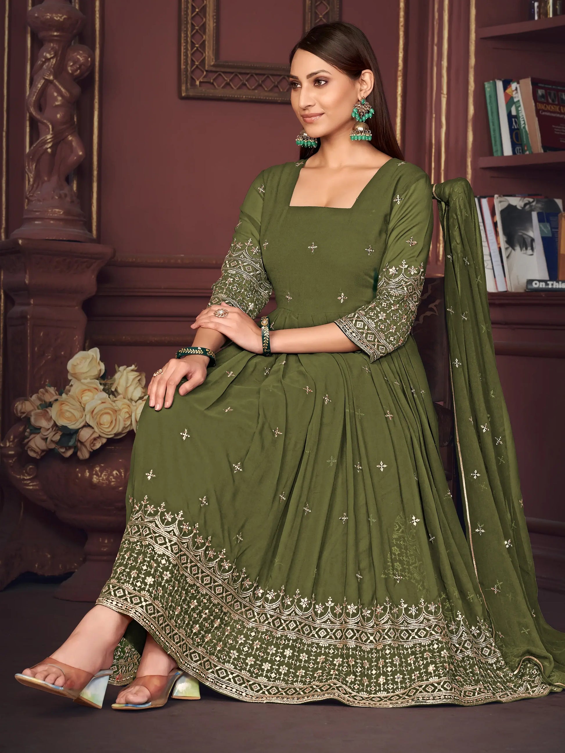 Pretty Green Embroidered Georgette Anarkali Suit With Dupatta - Zeel Clothing