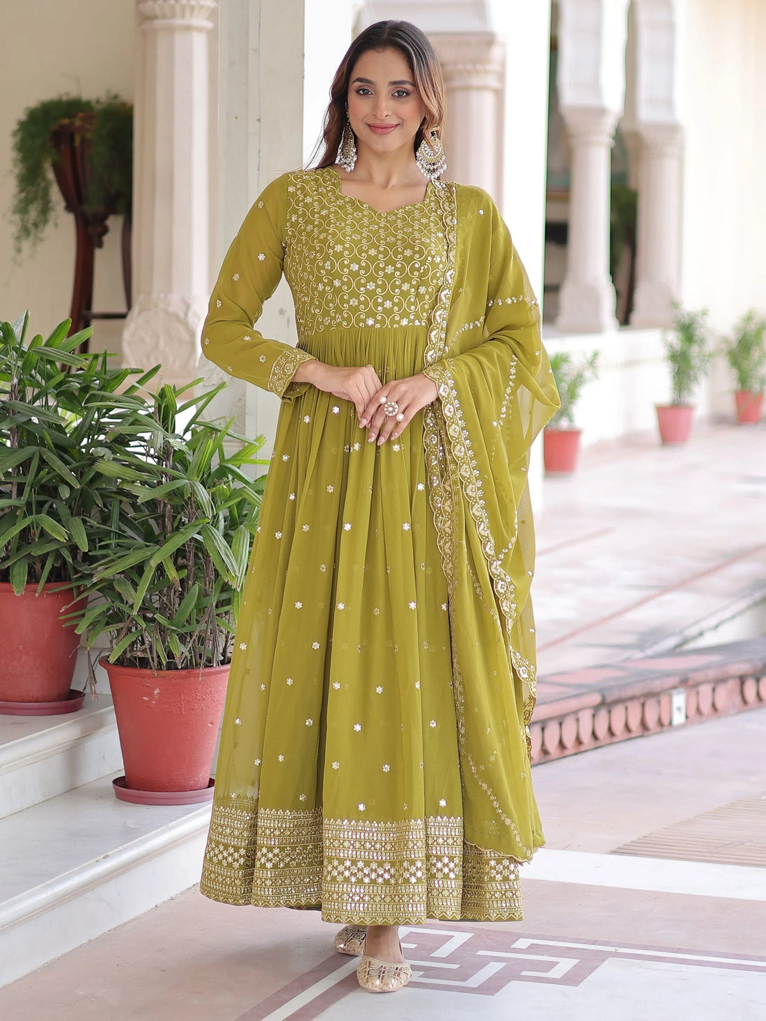 Pretty Green Embroidered Georgette Mehendi Wear Gown With Dupatta