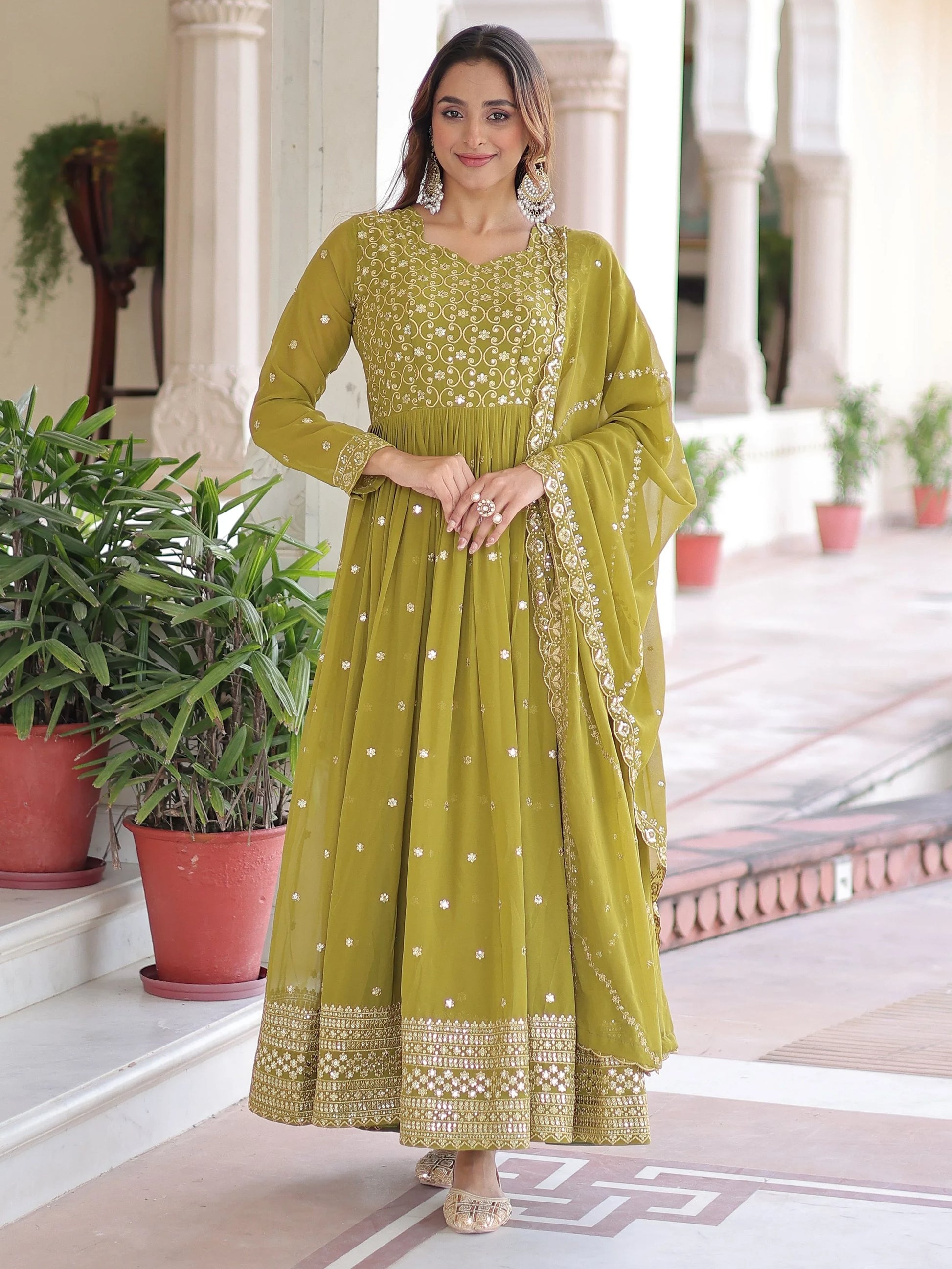 Pretty Green Embroidered Georgette Mehendi Wear Gown With Dupatta