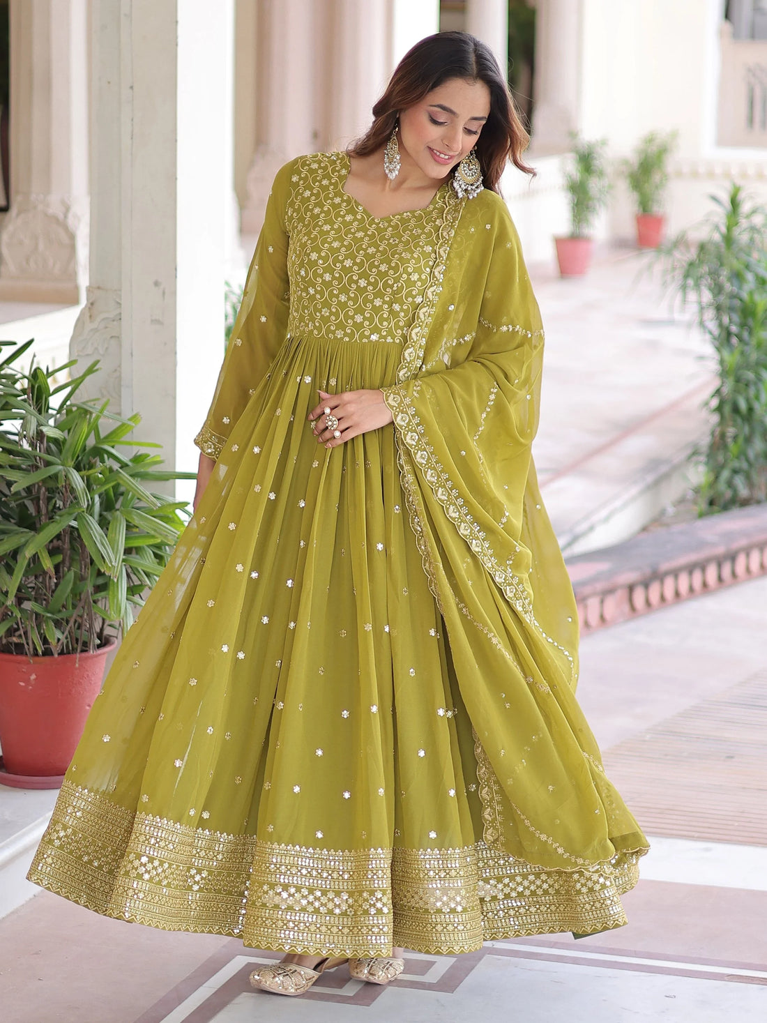 Pretty Green Embroidered Georgette Mehendi Wear Gown With Dupatta