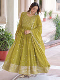 Pretty Green Embroidered Georgette Mehendi Wear Gown With Dupatta