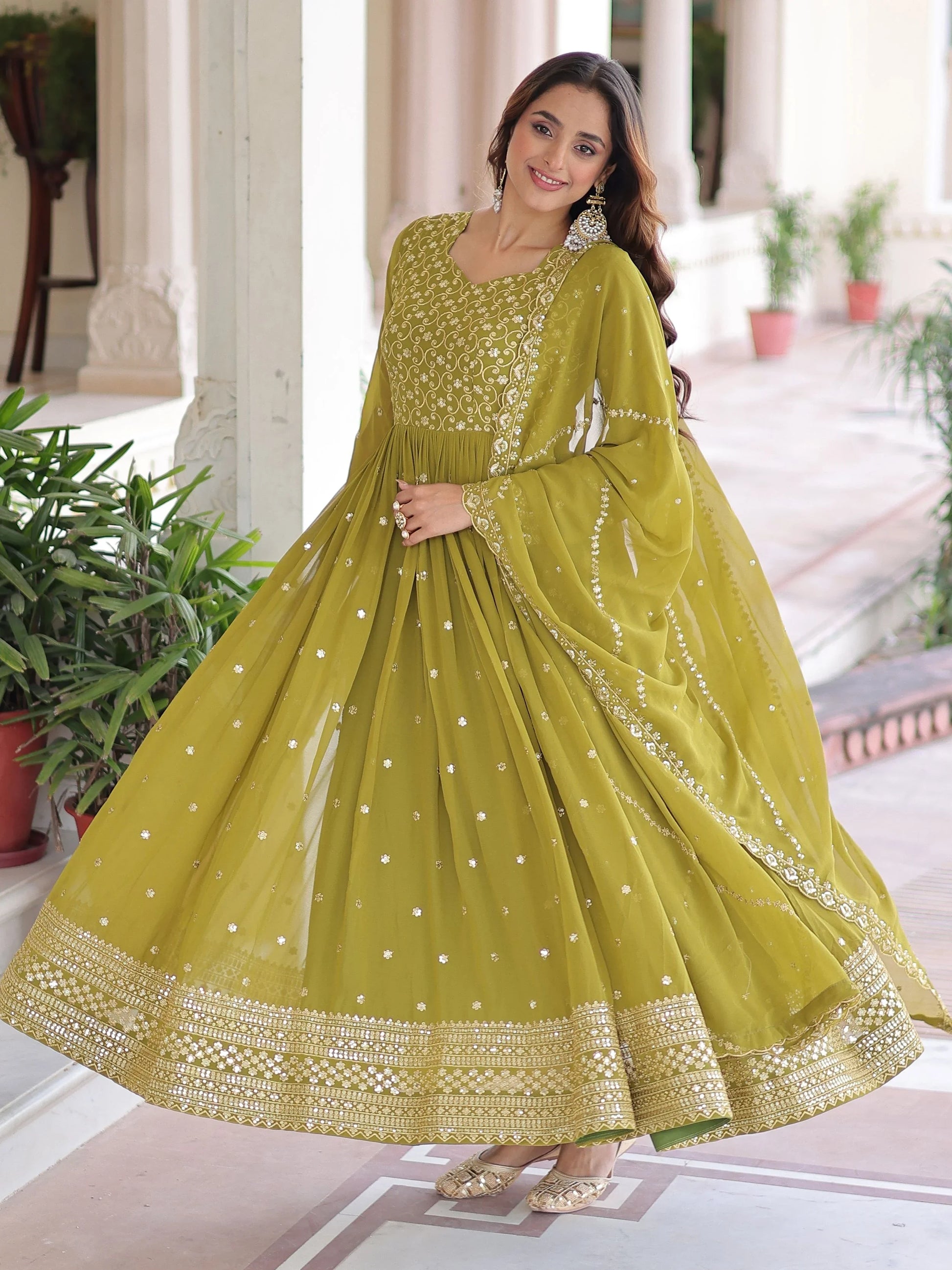 Pretty Green Embroidered Georgette Mehendi Wear Gown With Dupatta