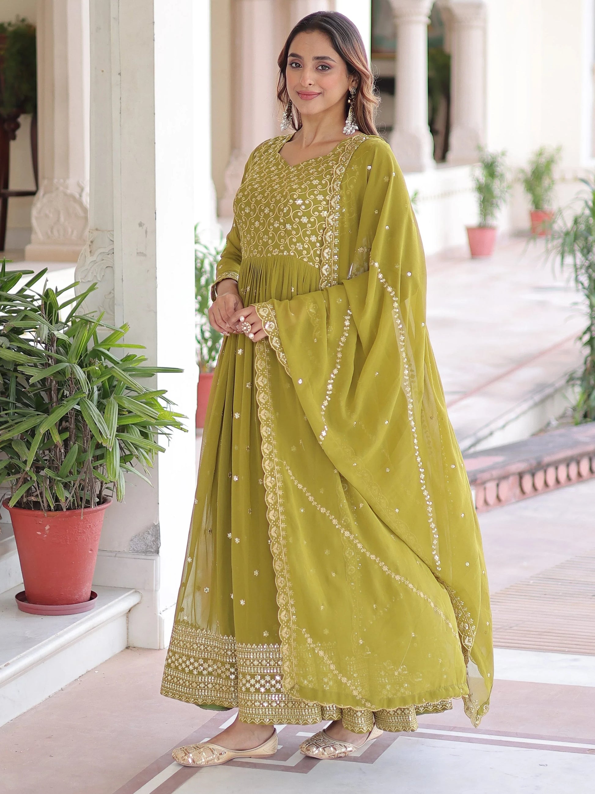 Pretty Green Embroidered Georgette Mehendi Wear Gown With Dupatta