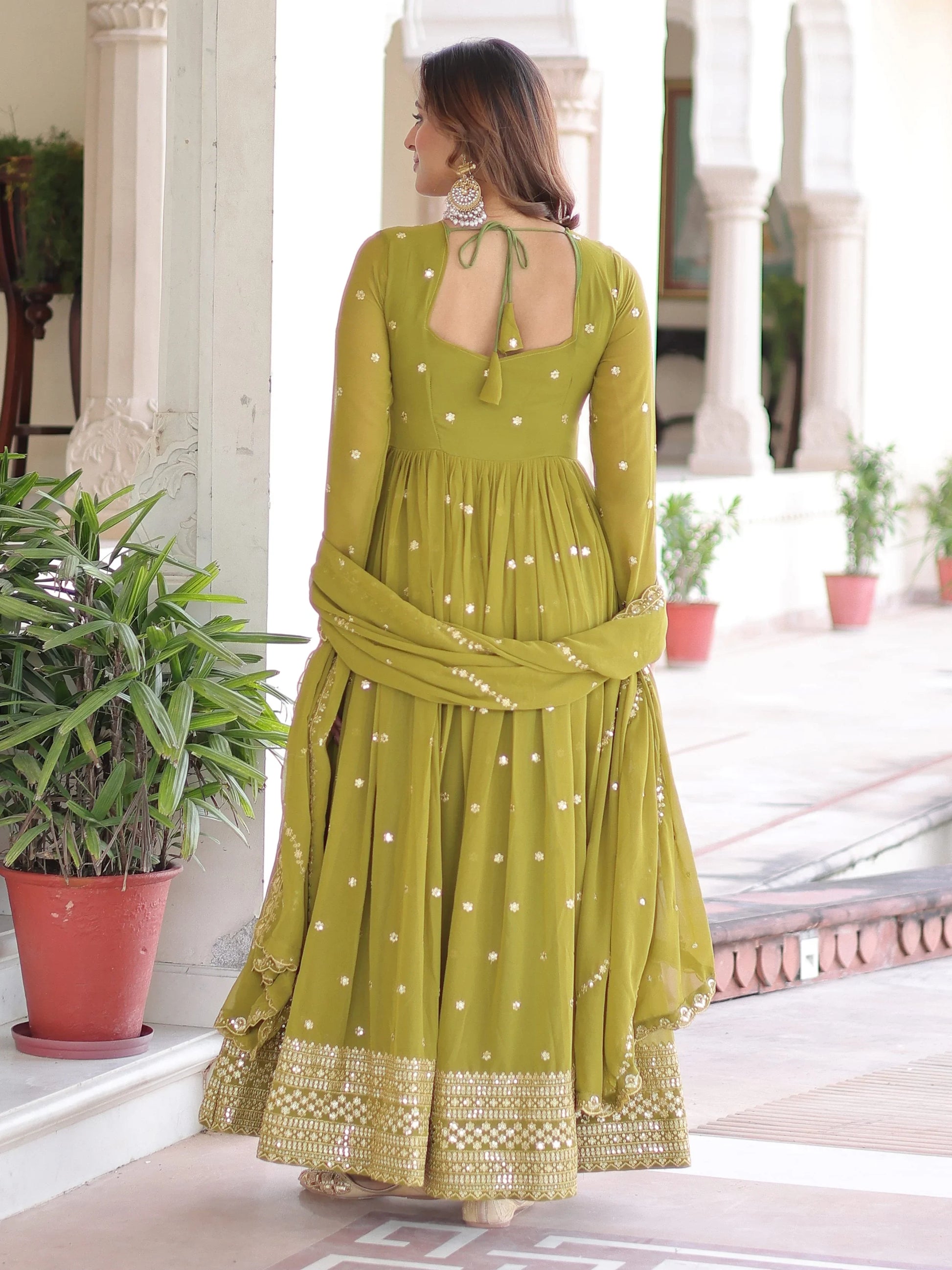Pretty Green Embroidered Georgette Mehendi Wear Gown With Dupatta
