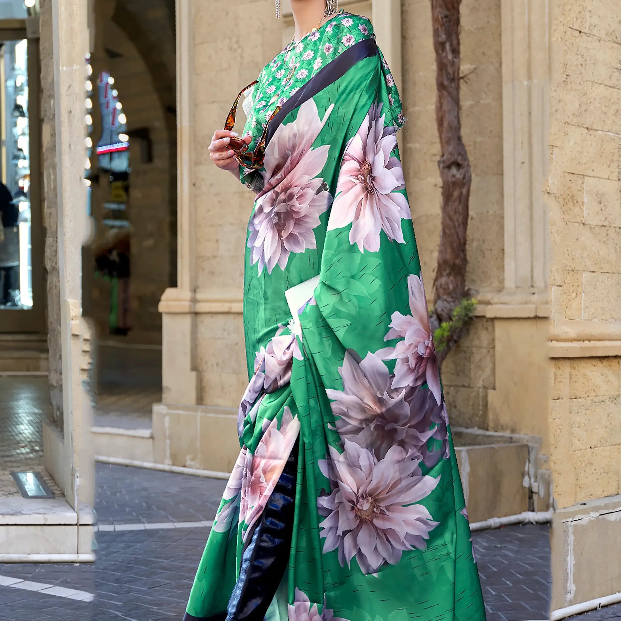 Pretty Green Floral Printed Satin Festive Wear Saree With Blouse - Zeel Clothing