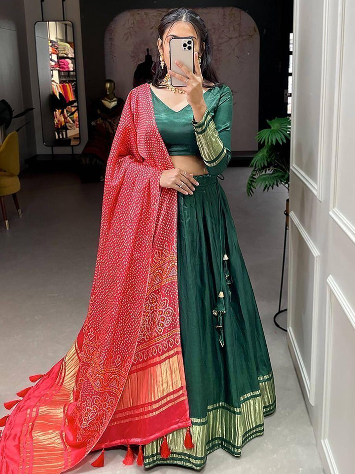 Pretty Green Gaji Silk Traditional Lehenga Choli With Bandhani Dupatta