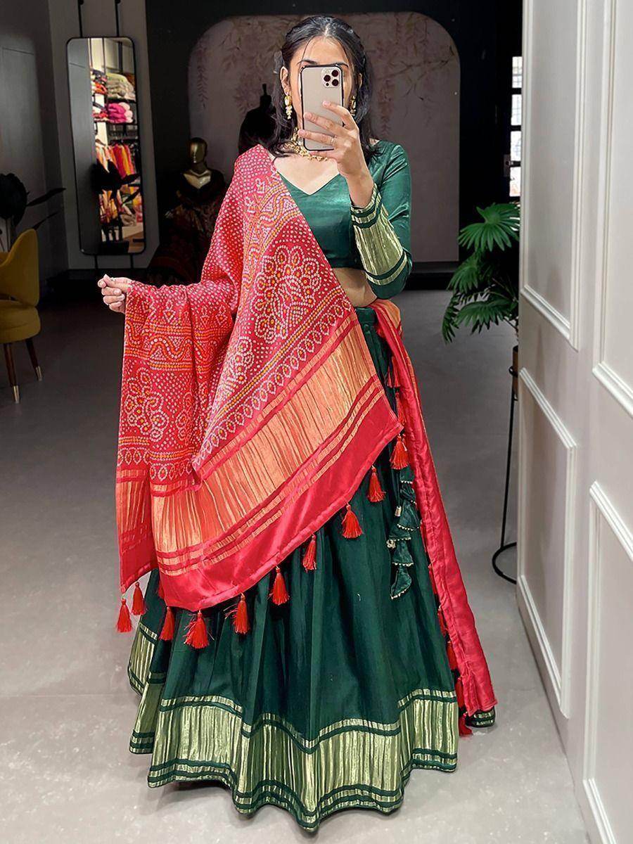 Pretty Green Gaji Silk Traditional Lehenga Choli With Bandhani Dupatta - Zeel Clothing