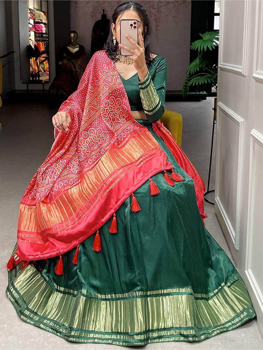 Pretty Green Gaji Silk Traditional Lehenga Choli With Bandhani Dupatta - Zeel Clothing