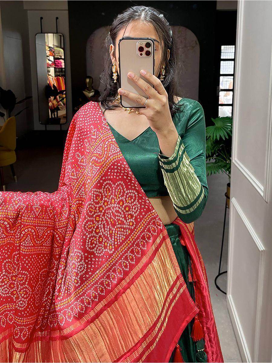 Pretty Green Gaji Silk Traditional Lehenga Choli With Bandhani Dupatta - Zeel Clothing