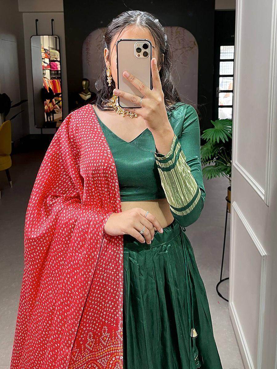 Pretty Green Gaji Silk Traditional Lehenga Choli With Bandhani Dupatta - Zeel Clothing