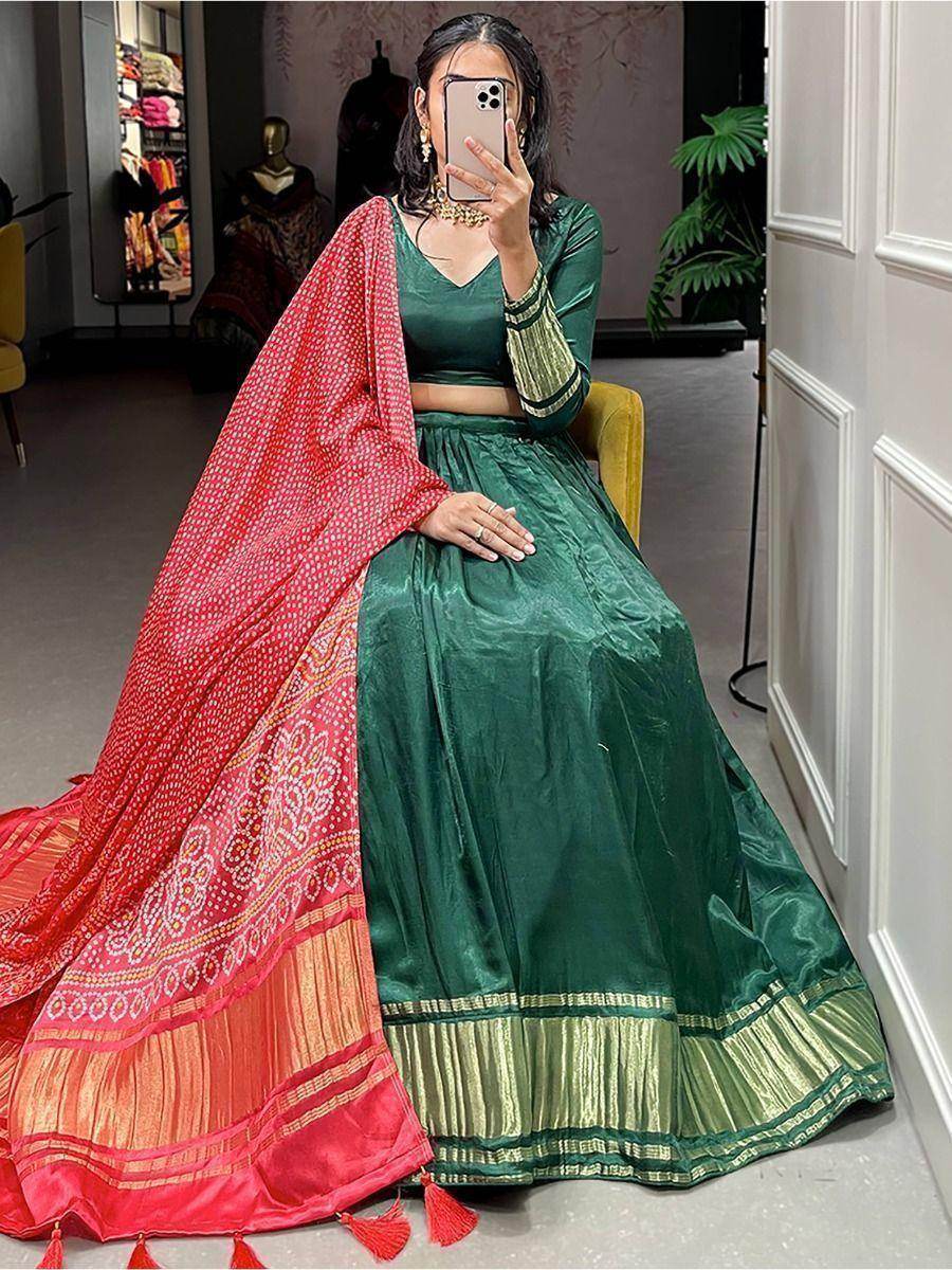 Pretty Green Gaji Silk Traditional Lehenga Choli With Bandhani Dupatta - Zeel Clothing