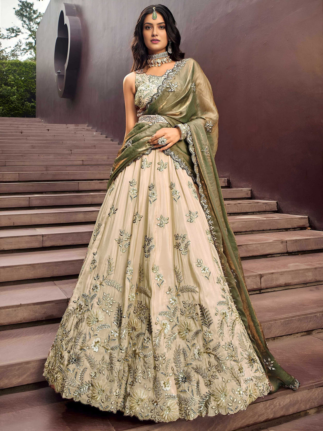 Pretty Green Sequins Silk Bridesmaid Lehenga Choli With Dupatta