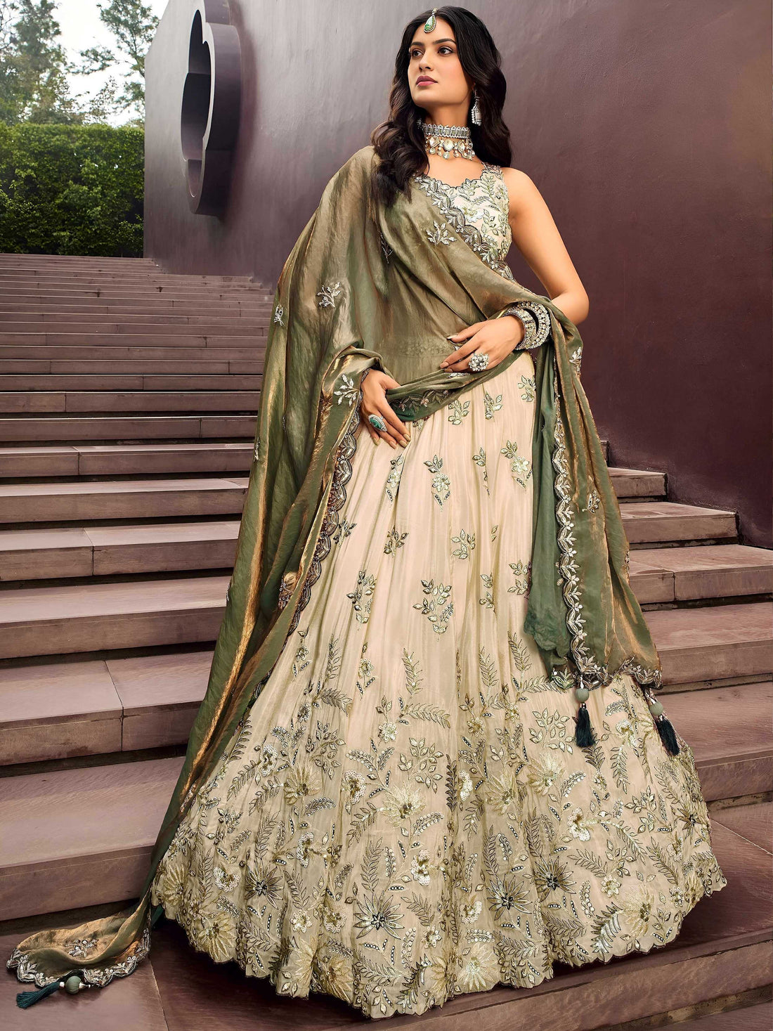 Pretty Green Sequins Silk Bridesmaid Lehenga Choli With Dupatta