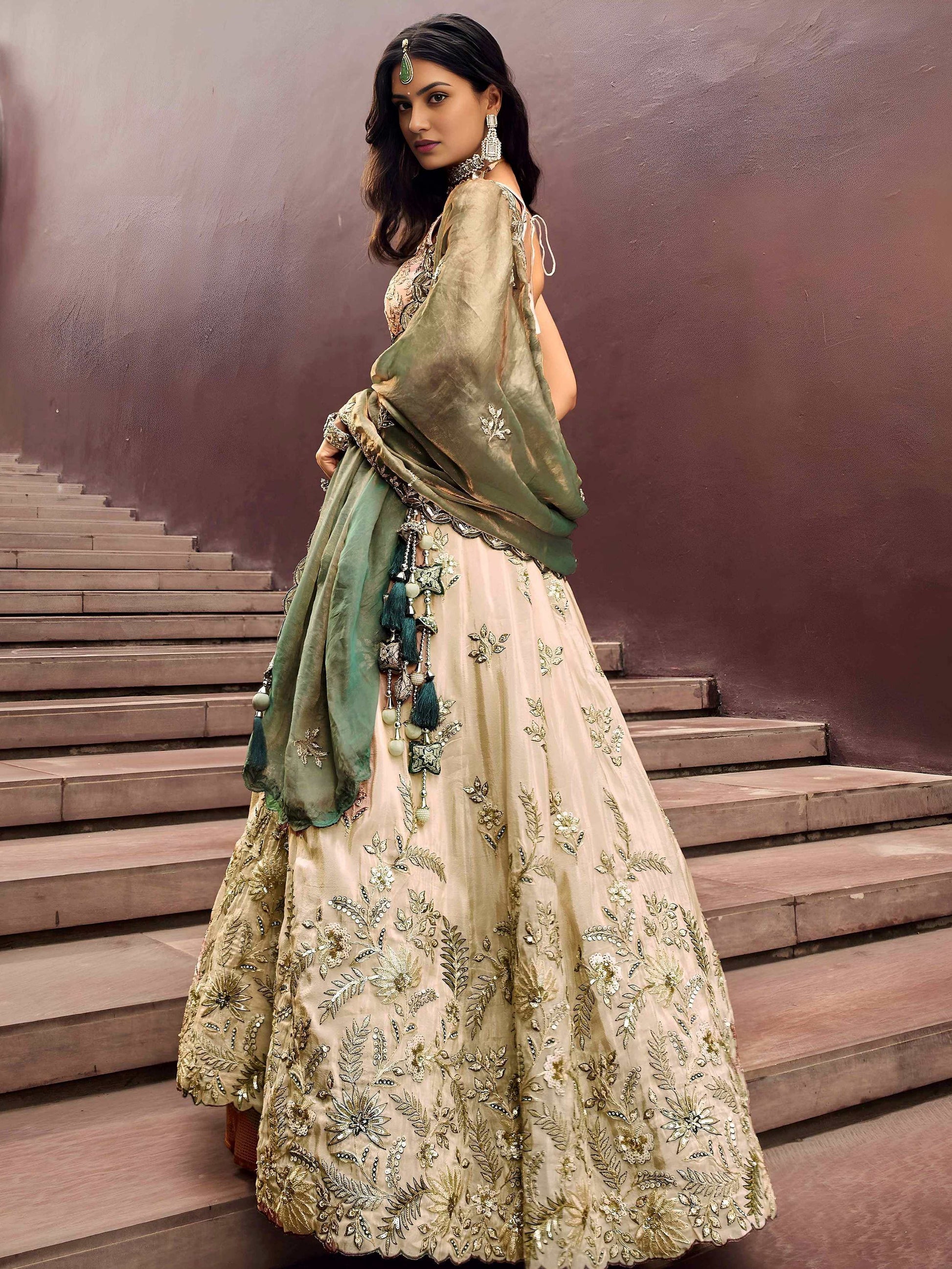 Pretty Green Sequins Silk Bridesmaid Lehenga Choli With Dupatta