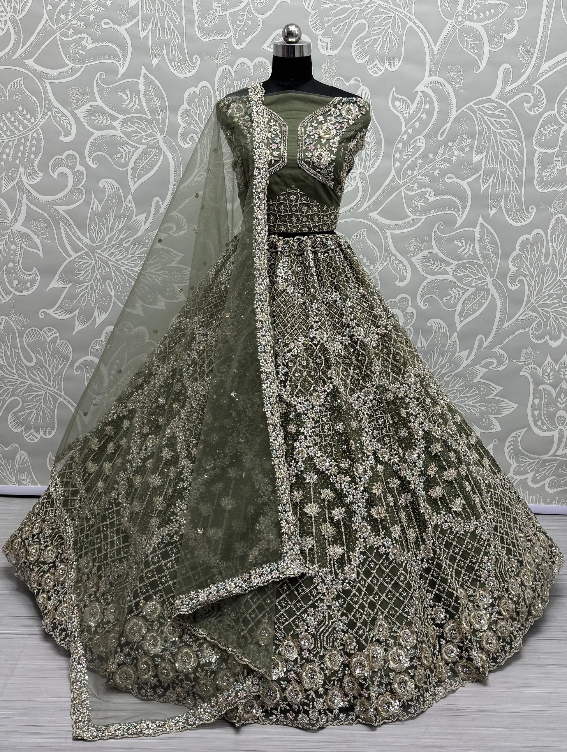 Pretty Green Thread Embroidery Net Bridal Lehenga Choli With Dupatta - Zeel Clothing