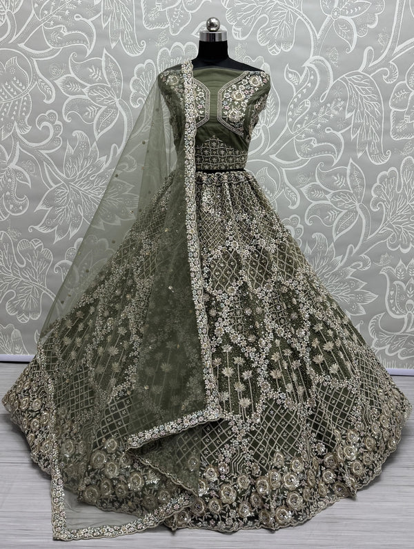 Pretty Green Thread Embroidery Net Bridal Lehenga Choli With Dupatta - Zeel Clothing