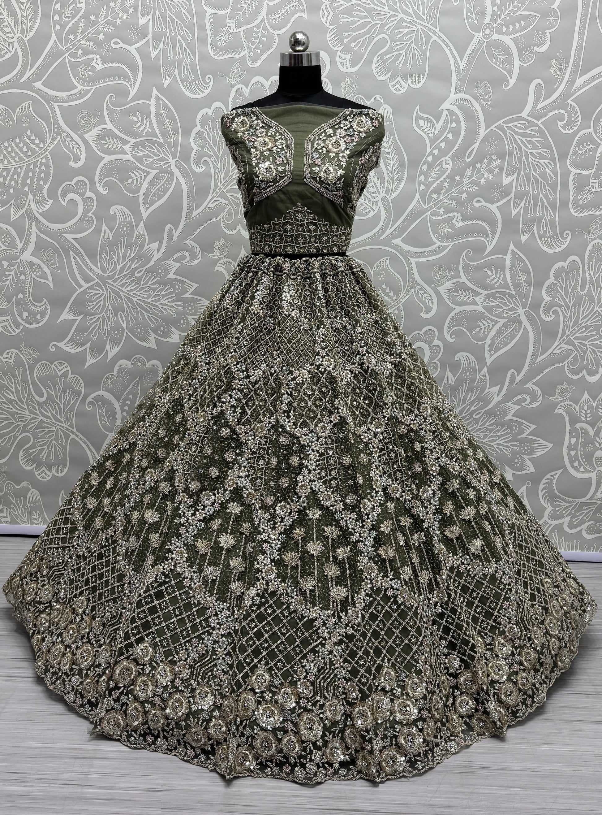 Pretty Green Thread Embroidery Net Bridal Lehenga Choli With Dupatta - Zeel Clothing